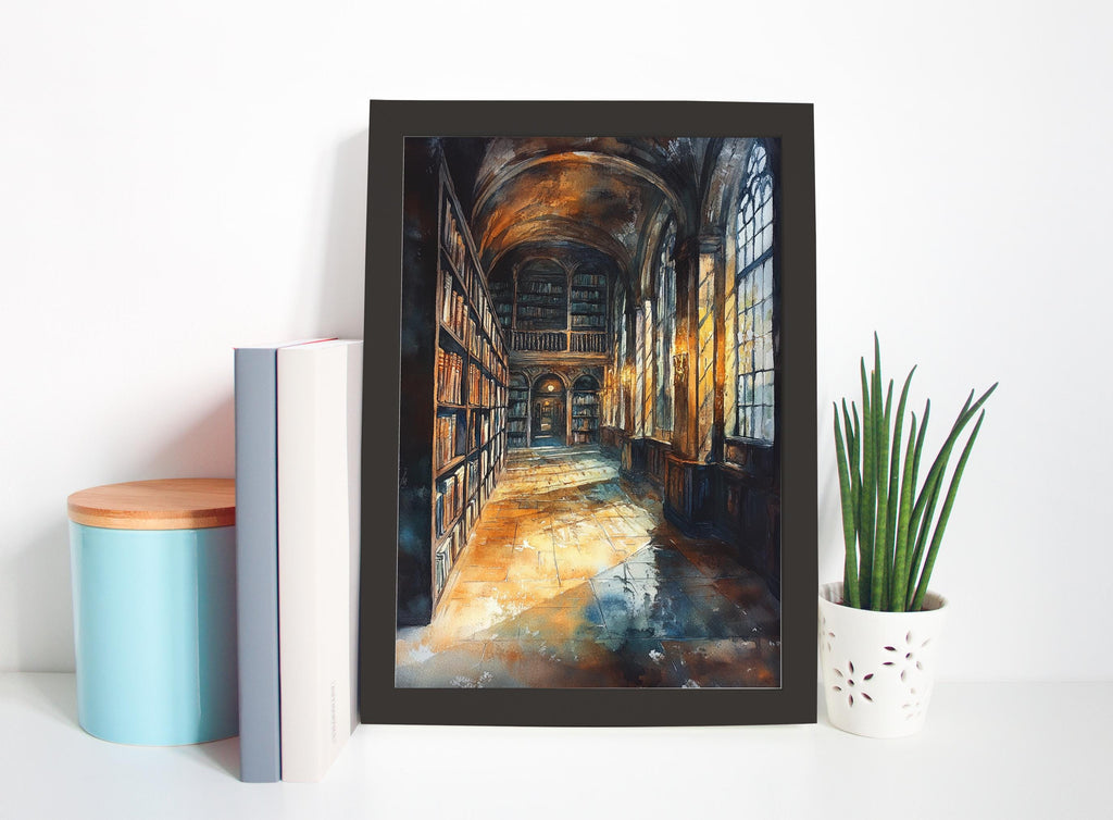a framed painting of a library with a long hallway lined with bookshelves, creating a serene and inviting atmosphere.
