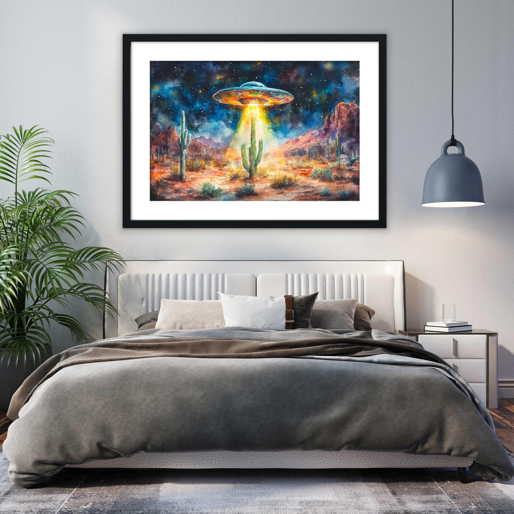 a bedroom with a large bed, a framed painting of a desert landscape with a spaceship hovering above it, and a potted plant on the left side of the room.