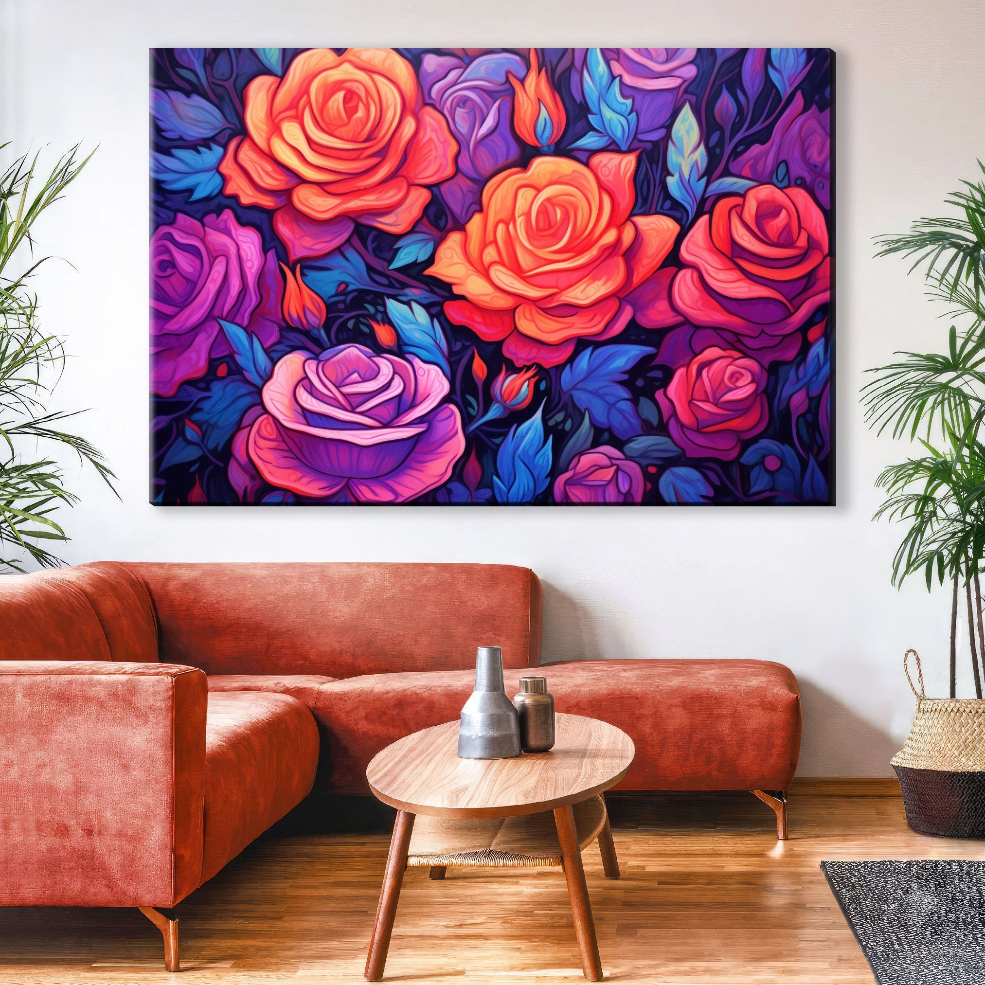 Canvas Wall Art – Neon Roses Floral Wall Decor on Large Gallery Ready Canvas Print