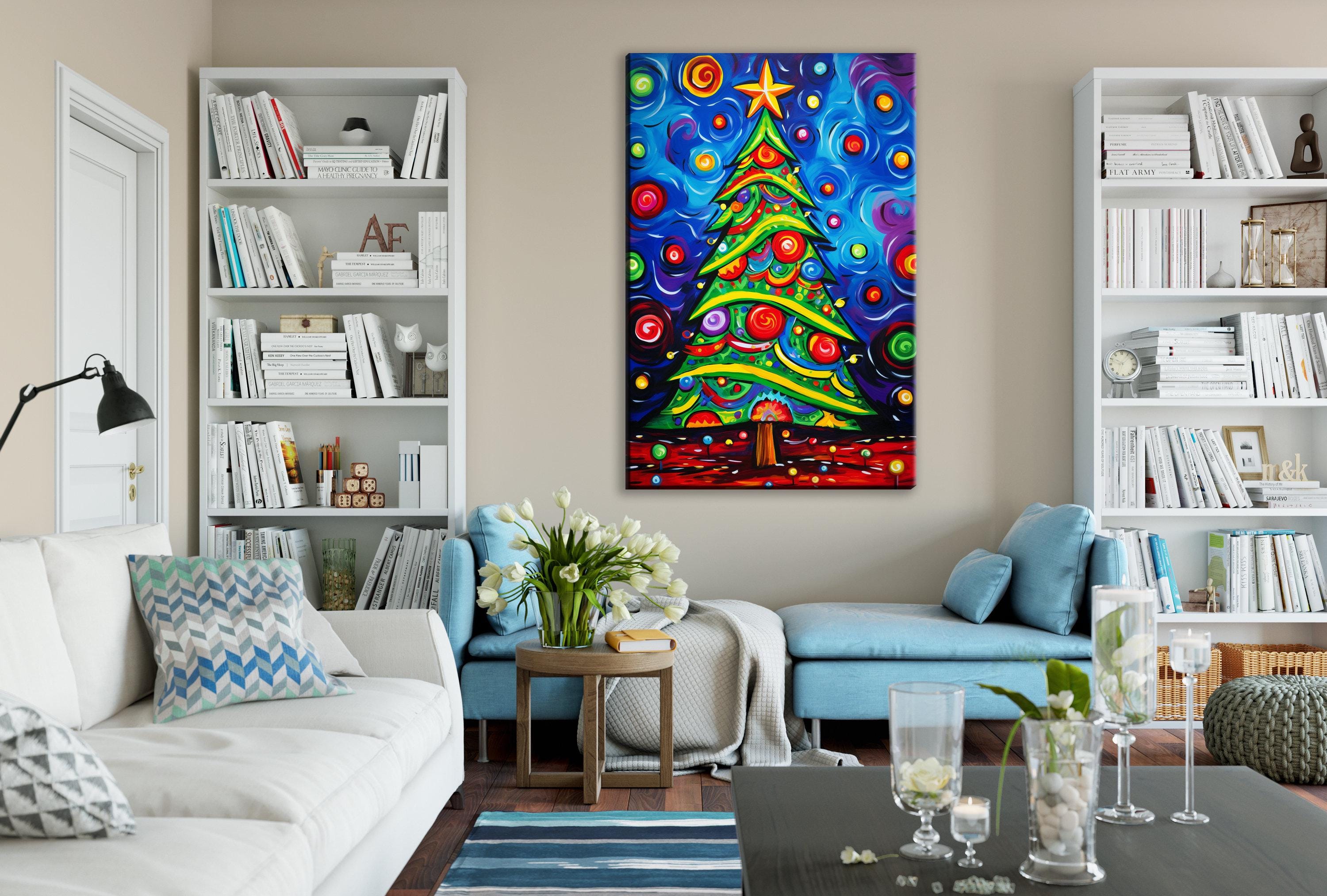 Christmas Tree Wall Art – Colorful Xmas Tree Painting on Gallery Wrapped Canvas, Large Sizes