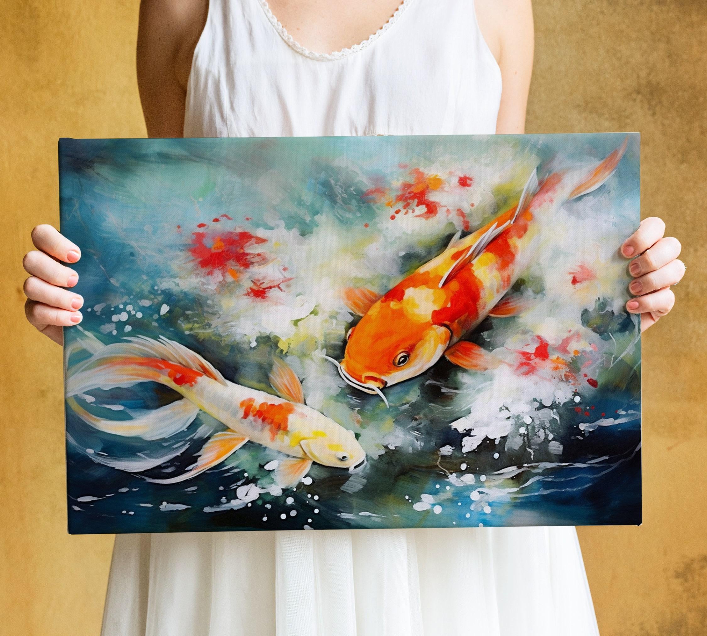 Japanese Koi Watercolor Art for Walls, Giclee Print on Canvas, Artist Paper, Watercolor Paper, Available in Extra Large Sizes