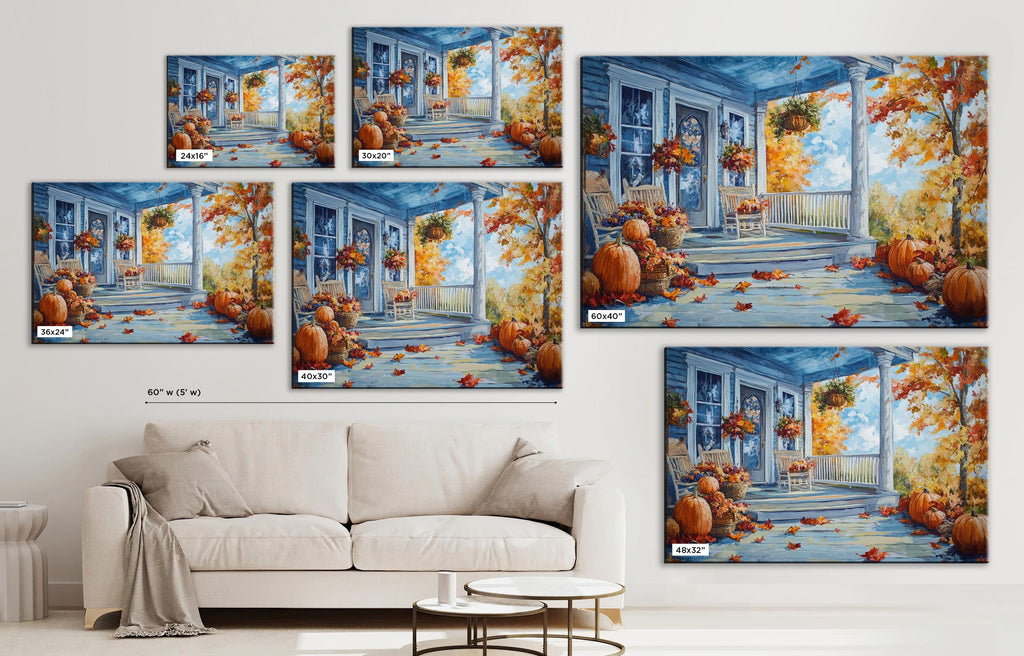The image is a collage of five paintings depicting a porch scene with pumpkins and autumn foliage. The paintings are arranged on a wall, with a white couch in the foreground.