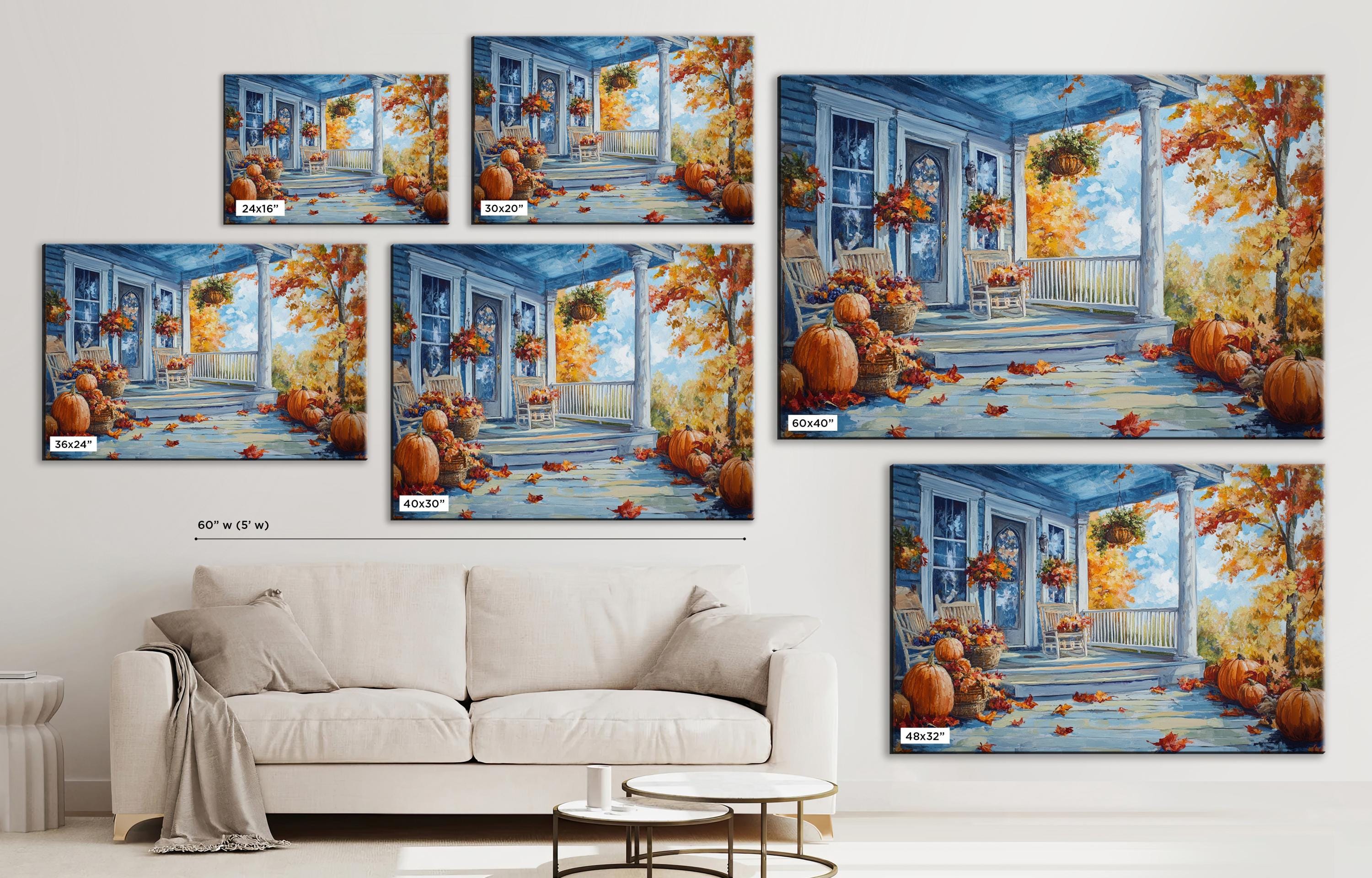 The image is a collage of five paintings depicting a porch scene with pumpkins and autumn foliage. The paintings are arranged on a wall, with a white couch in the foreground.