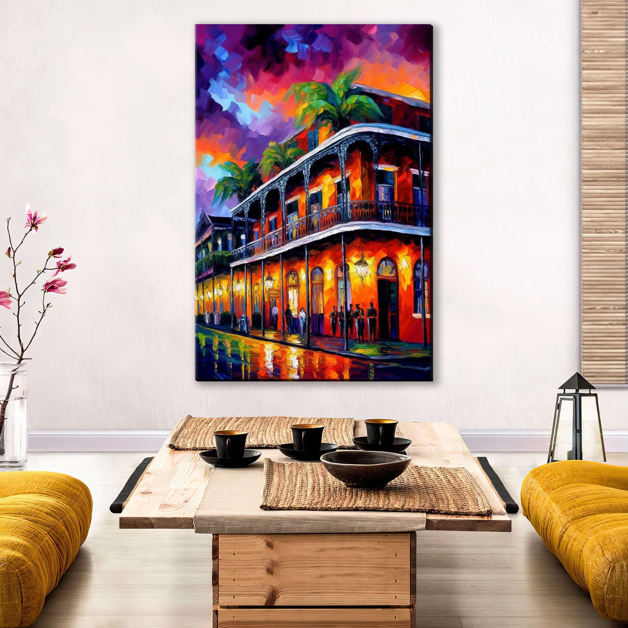 New Orleans Canvas Art - Vibrant Bourbon Street Painting on Real Wood Frame