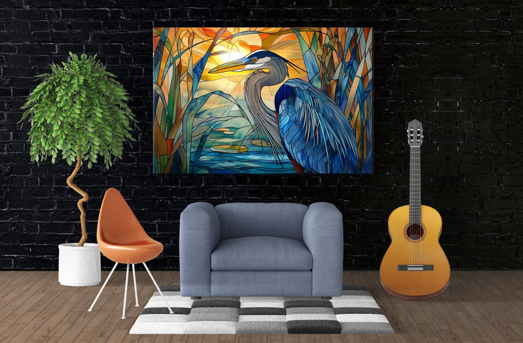 Blue Heron Canvas | Stained Glass Style Large Canvas Art - Coastal Bird Wall Decor