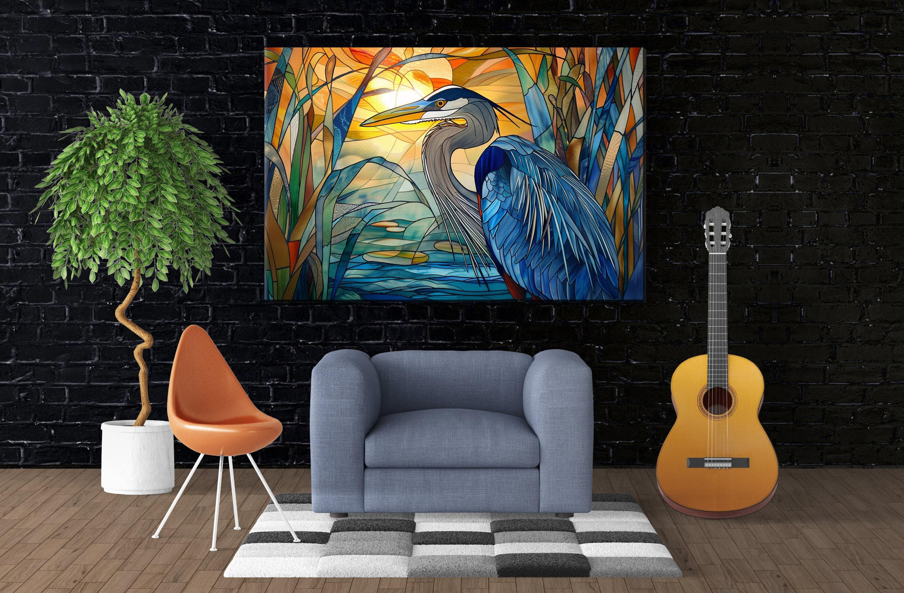 Blue Heron Canvas | Stained Glass Style Large Canvas Art - Coastal Bird Wall Decor