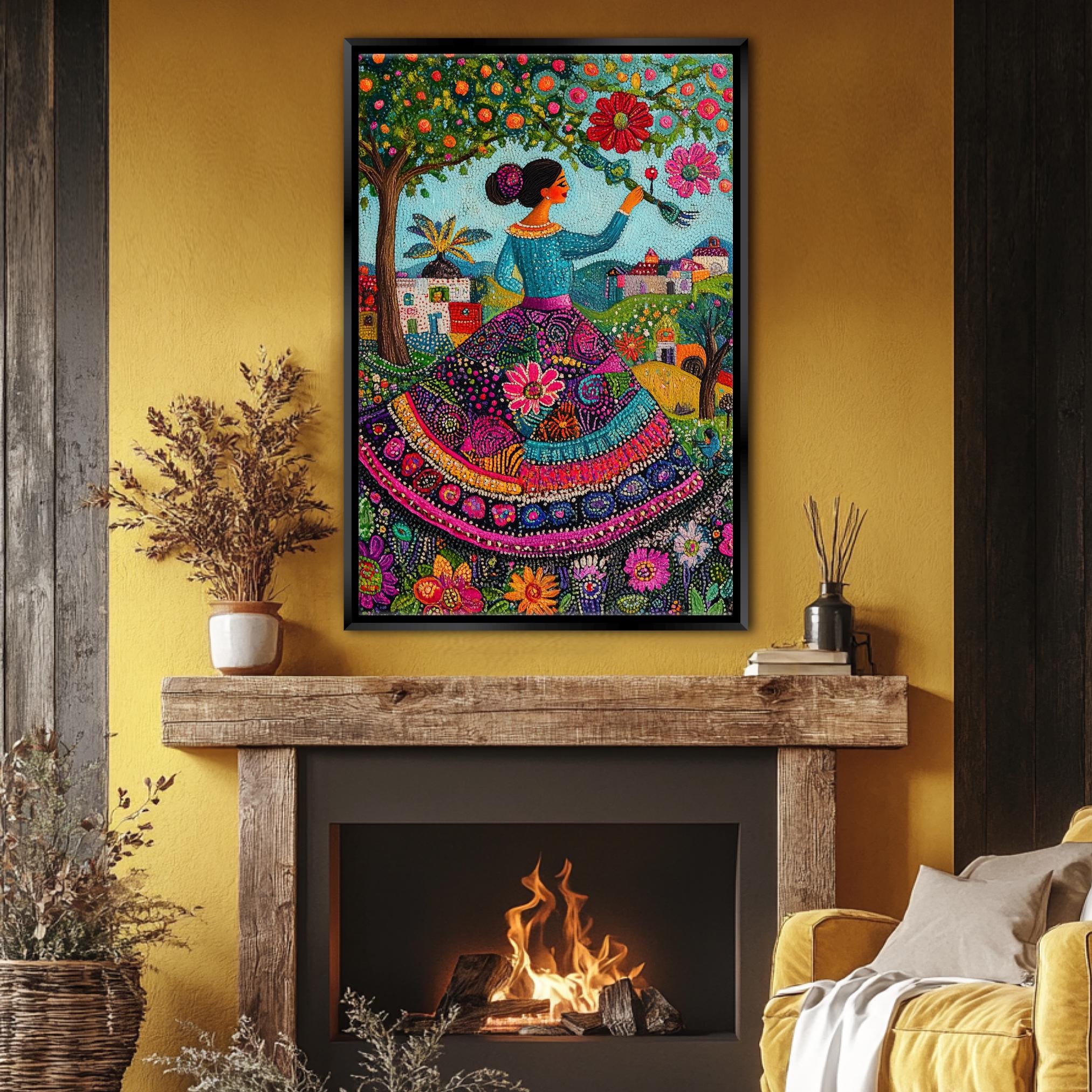 a living room with a fire place and a painting on the wall