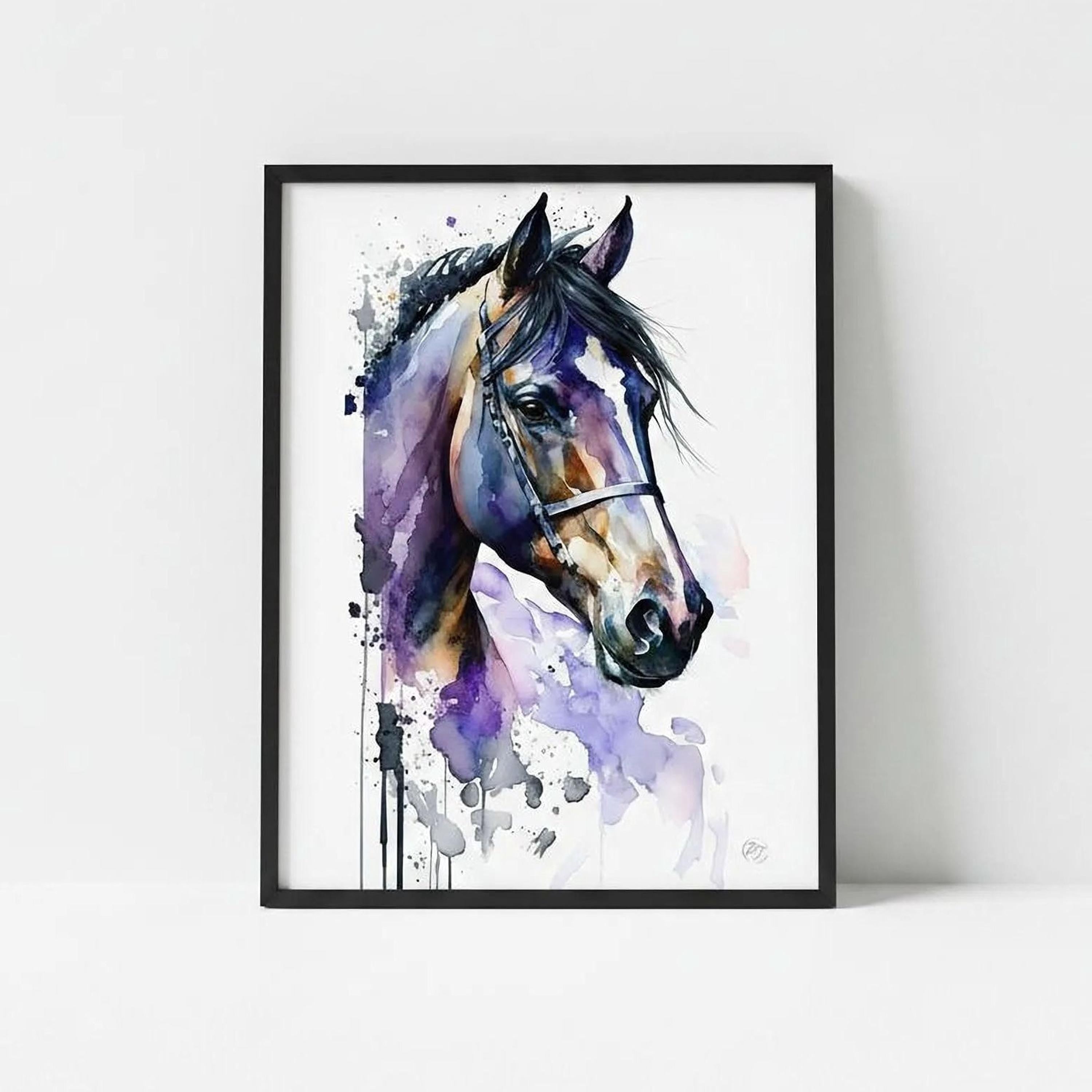The image is a framed painting of a horse's head, featuring a watercolor-style depiction of the horse's face with splashes of purple and blue.