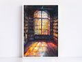 The image is a watercolor painting depicting a library with a large arched window that allows sunlight to stream in, illuminating the bookshelves and creating a warm, inviting atmosphere.