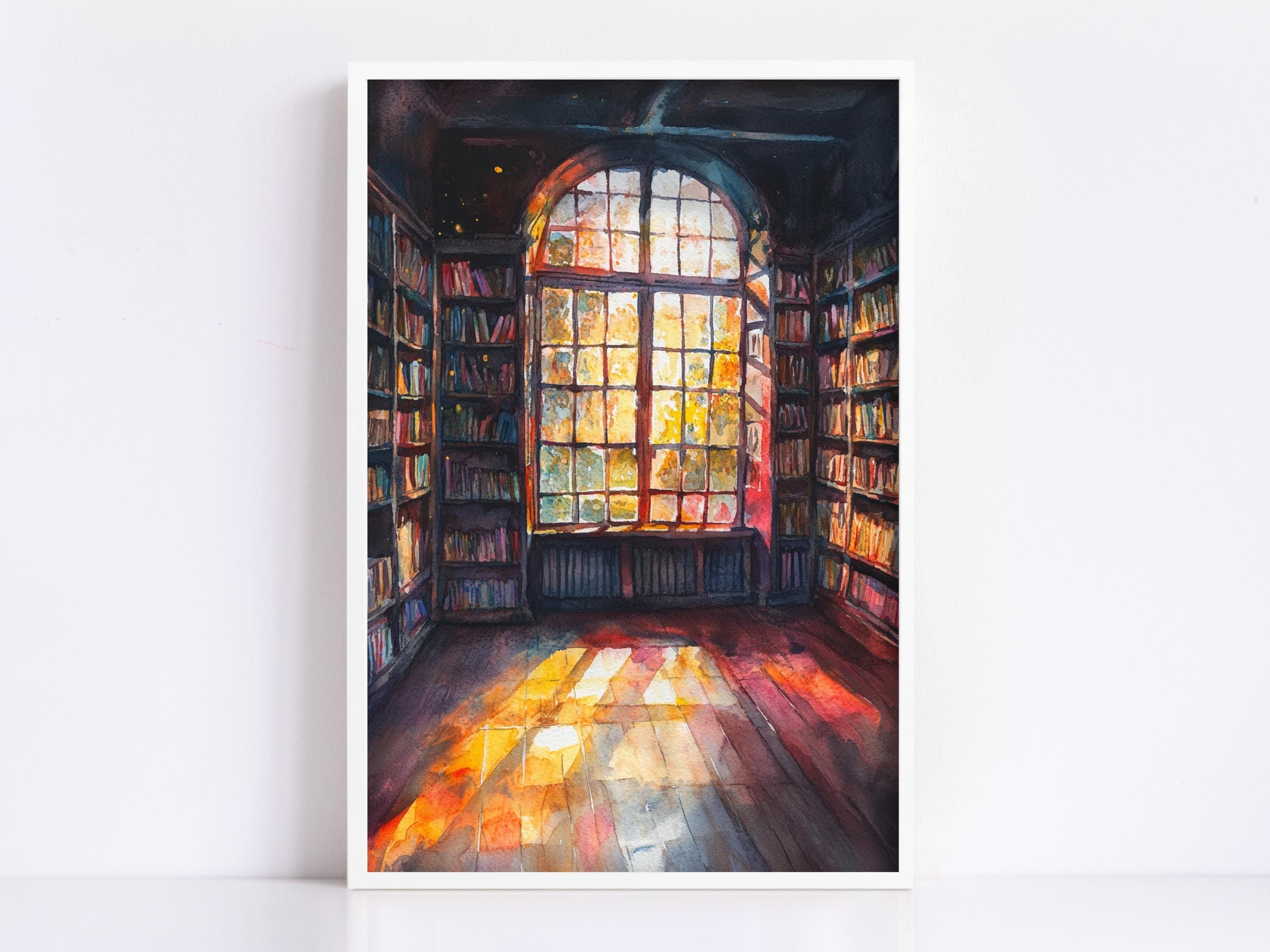 The image is a watercolor painting depicting a library with a large arched window that allows sunlight to stream in, illuminating the bookshelves and creating a warm, inviting atmosphere.