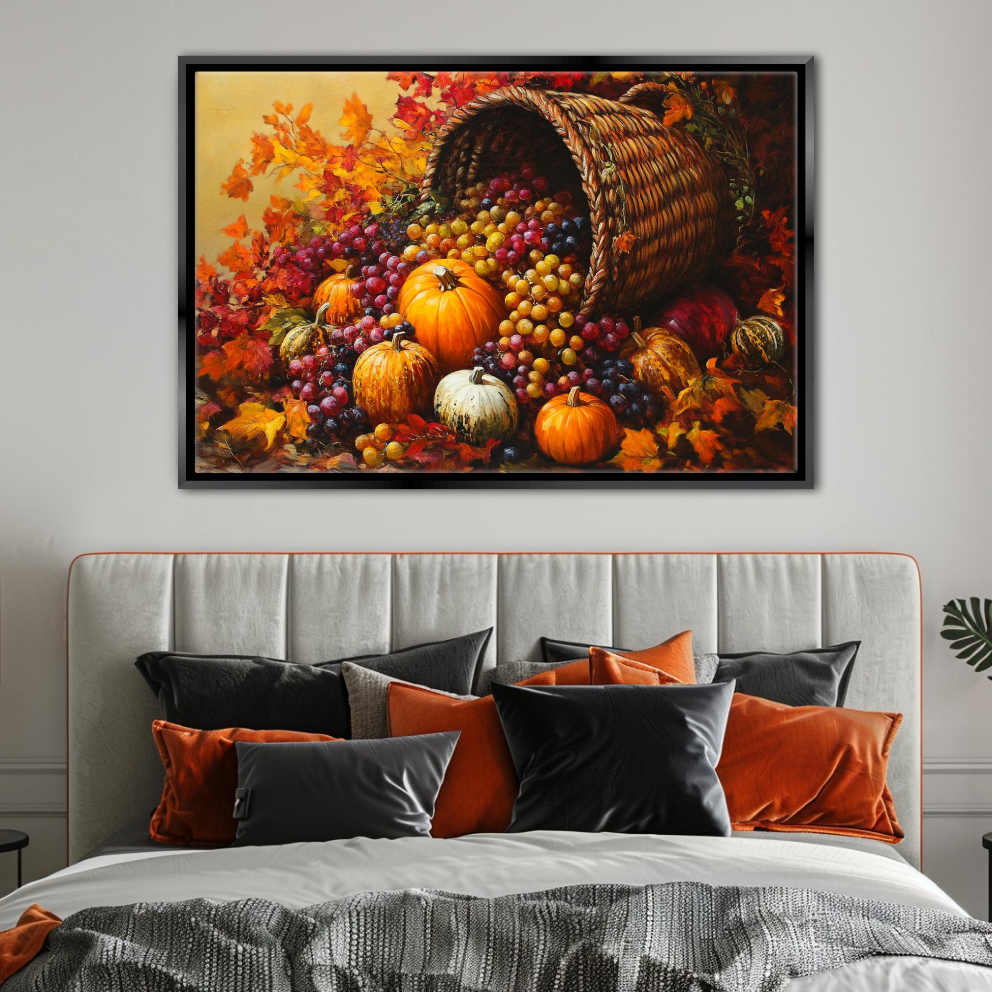 a large woven basket overflowing with a variety of fruits, including pumpkins, grapes, and apples, against a backdrop of autumn leaves.
