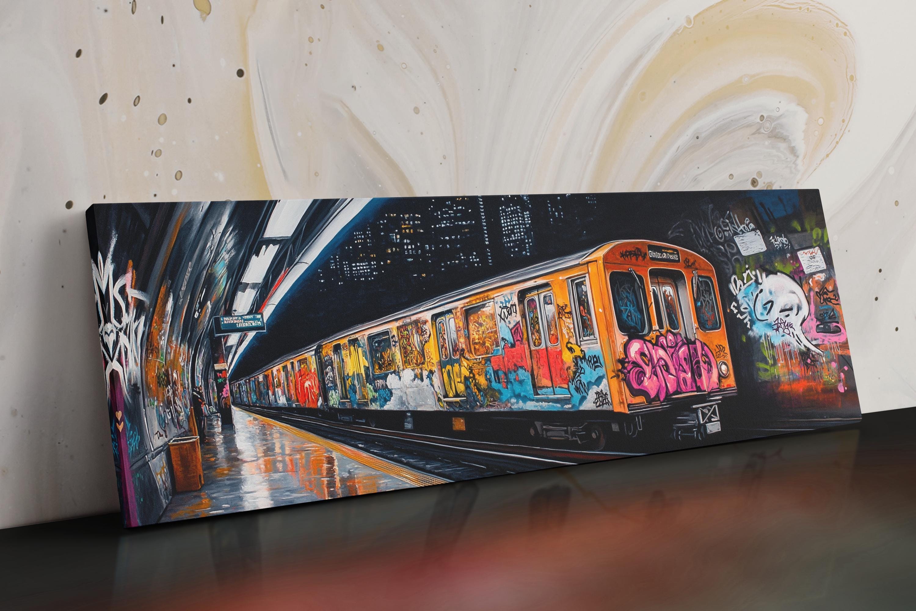 a painting of a train with graffiti on it