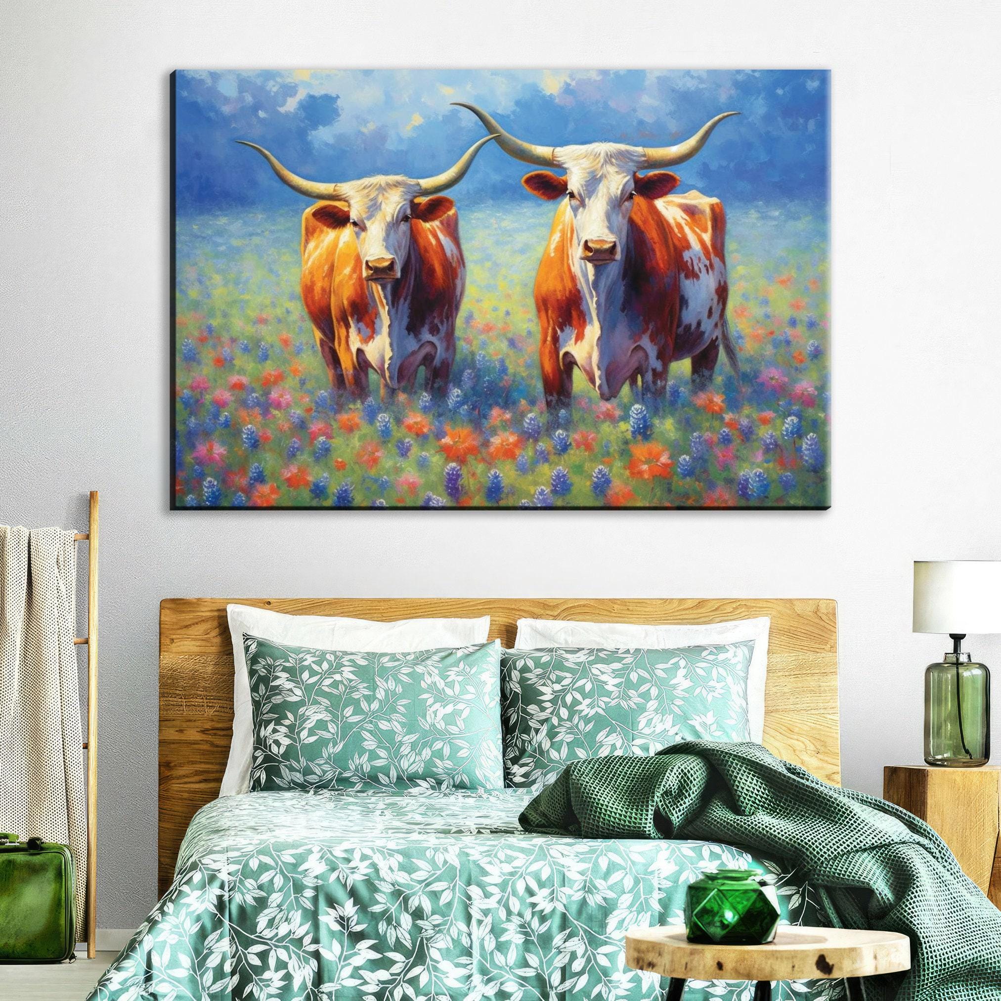 Texas Longhorn Canvas Art - Bluebonnet Painting | Large Western Wall Art Decor