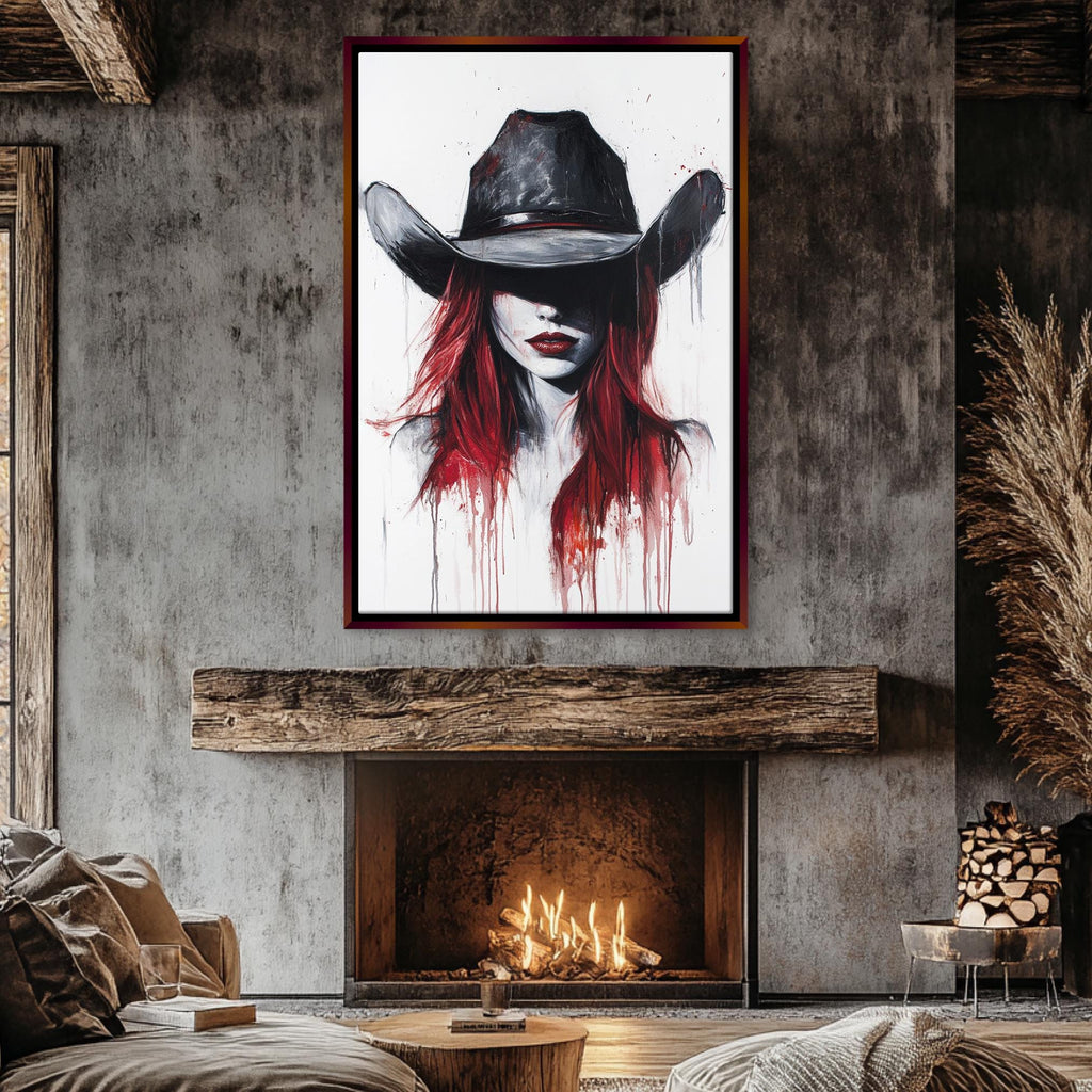 a painting of a woman with red hair wearing a cowboy hat