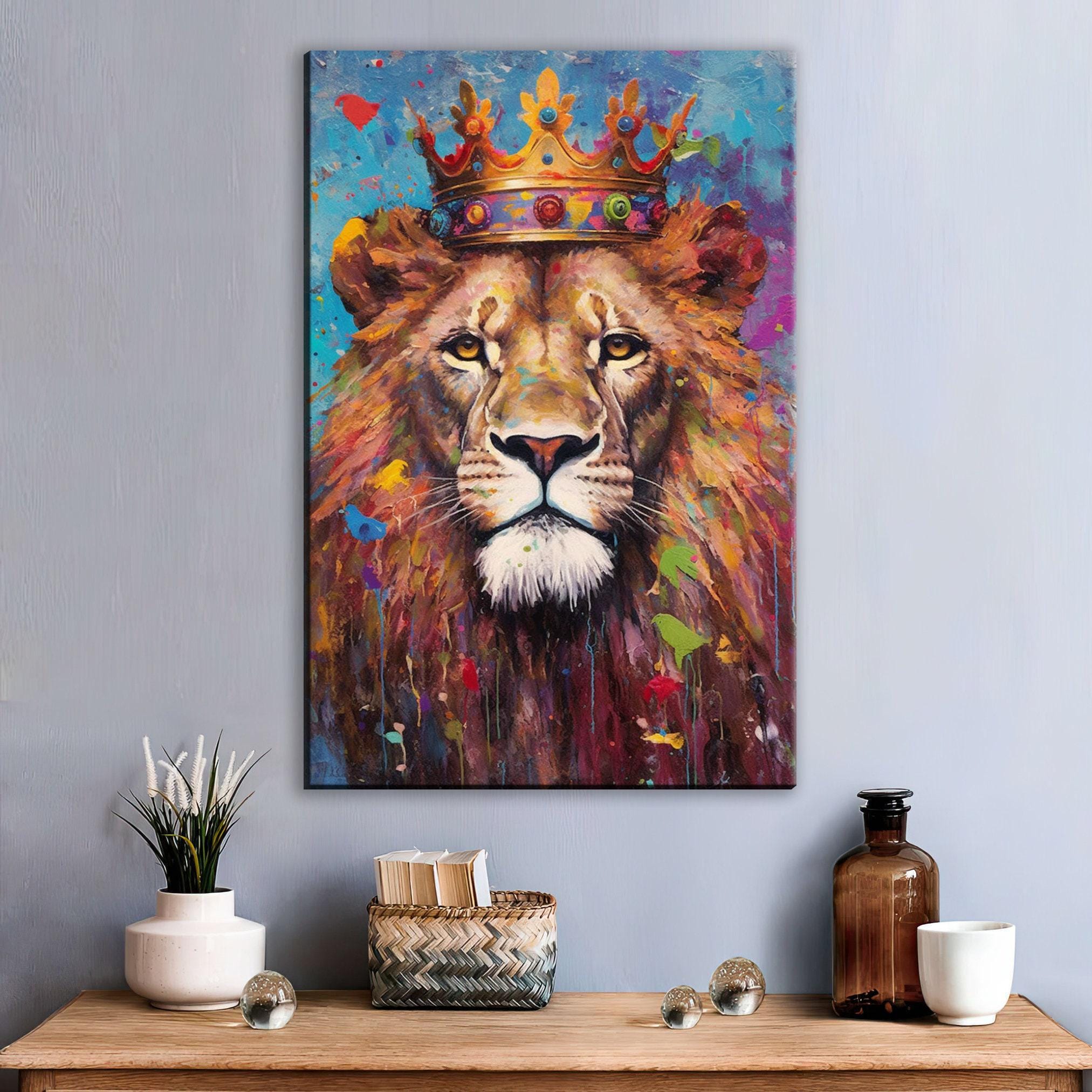 Lion Canvas Art – Large Gallery Wrapped Canvas with Majestic Lion Crown Painting
