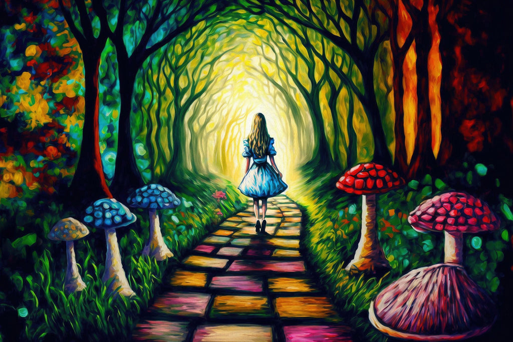 Alice Rabbit Hole Art | Colorful Fantasy Painting on Wooden Frame Canvas Print