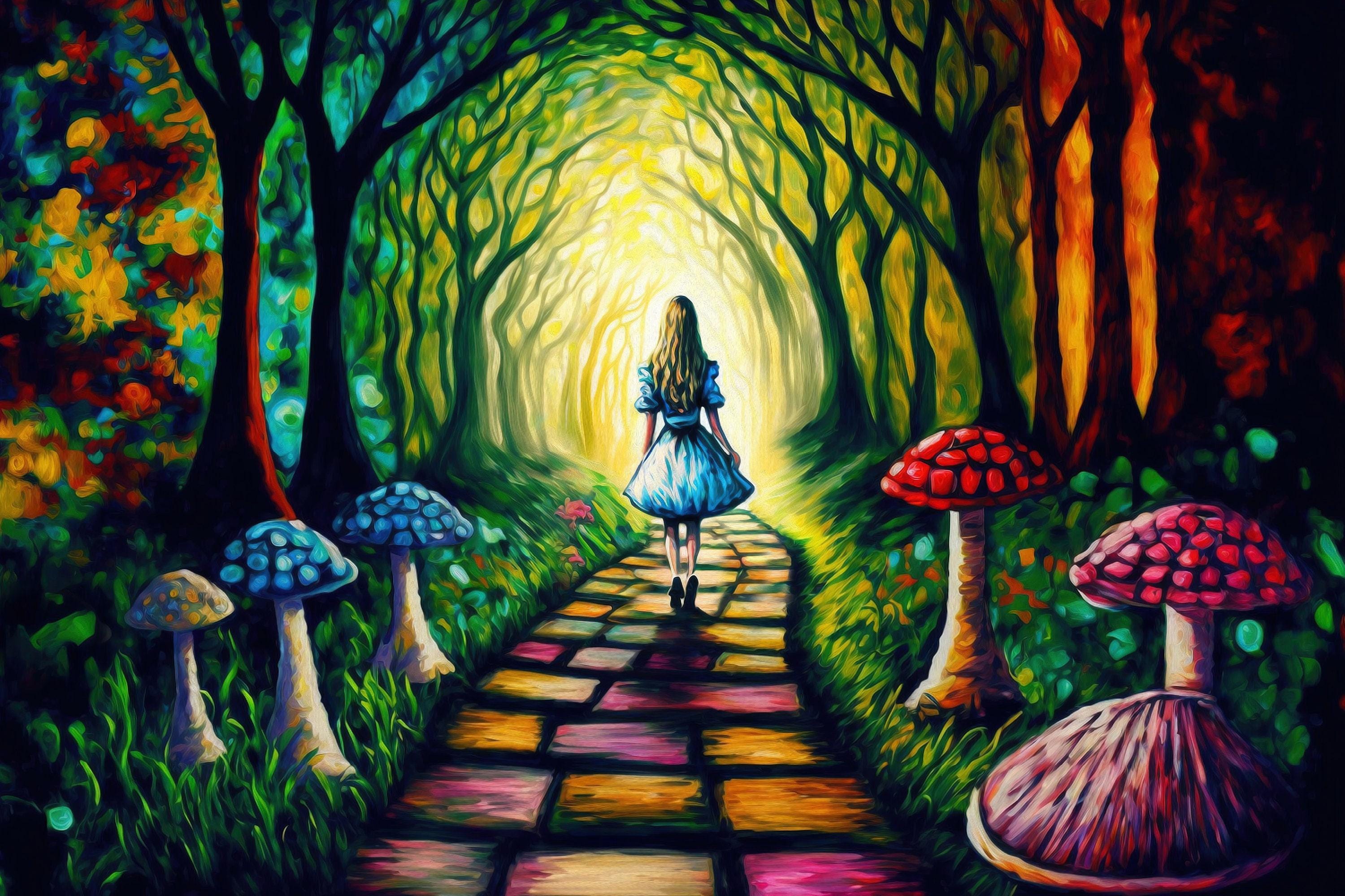 Alice Rabbit Hole Art | Colorful Fantasy Painting on Wooden Frame Canvas Print