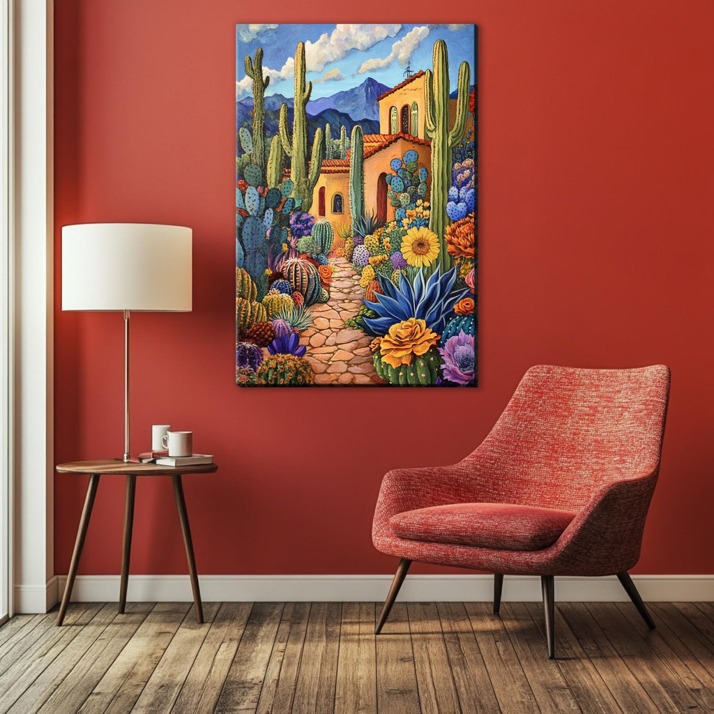 a living room with a red wall and a painting on the wall
