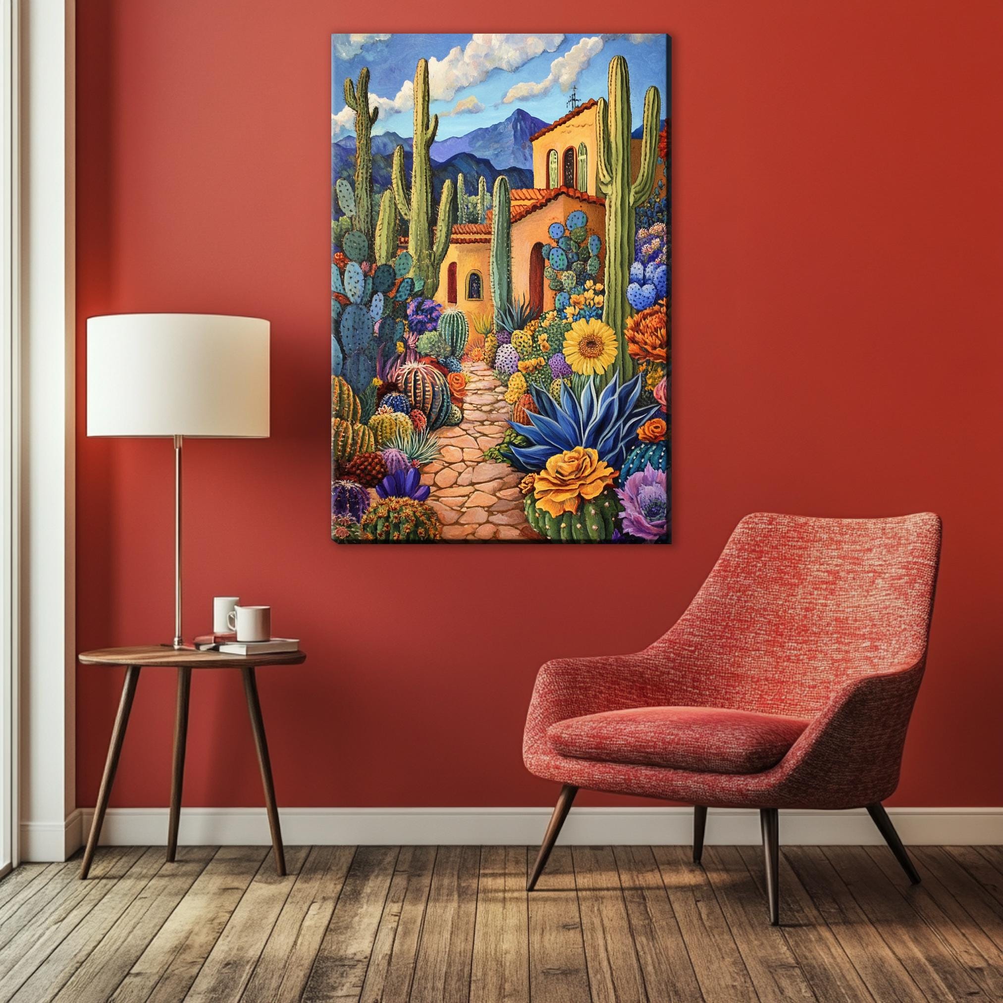 a living room with a red wall and a painting on the wall