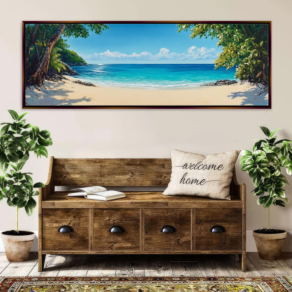 a painting of a tropical beach scene hangs above a bench