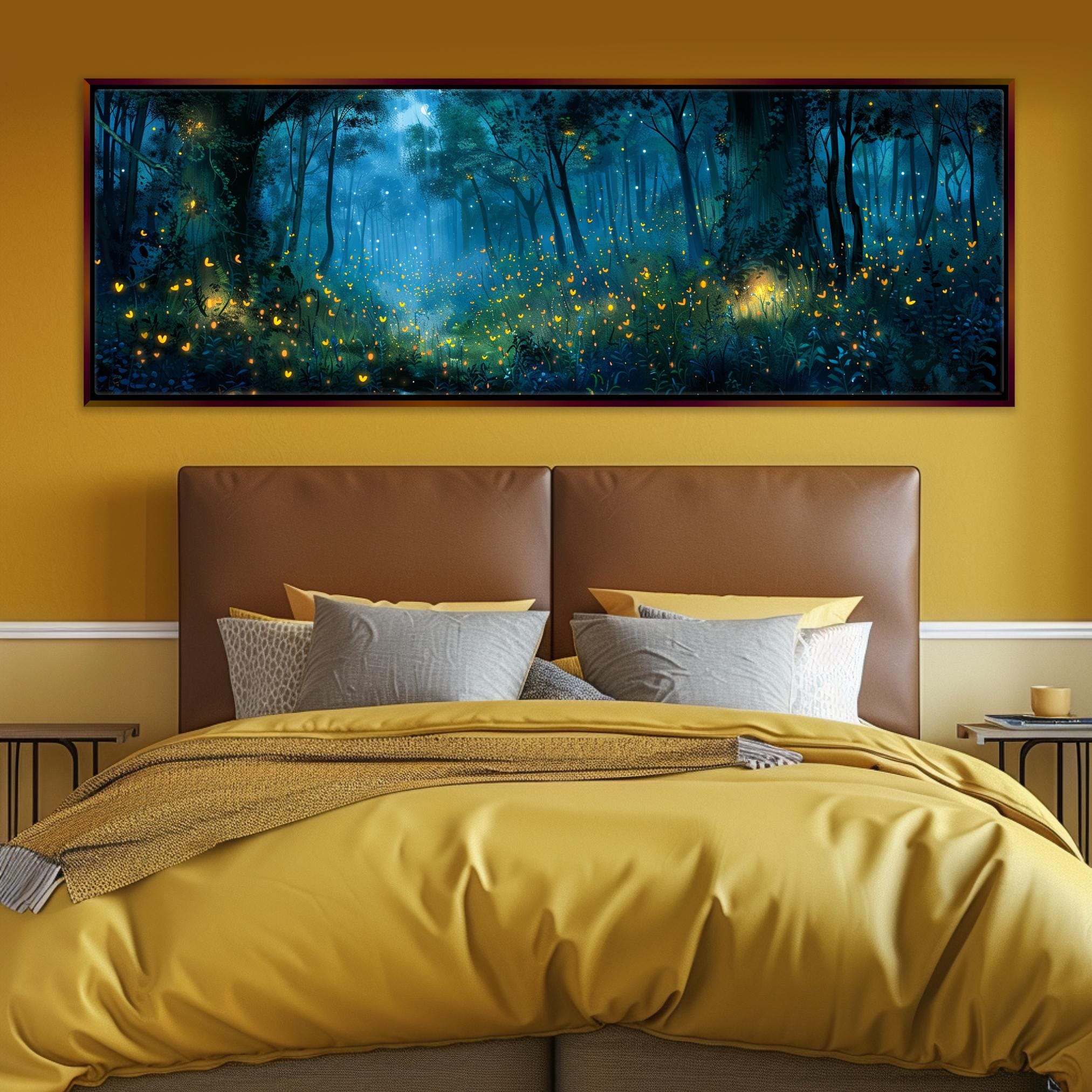 a bed with a yellow comforter and a painting on the wall