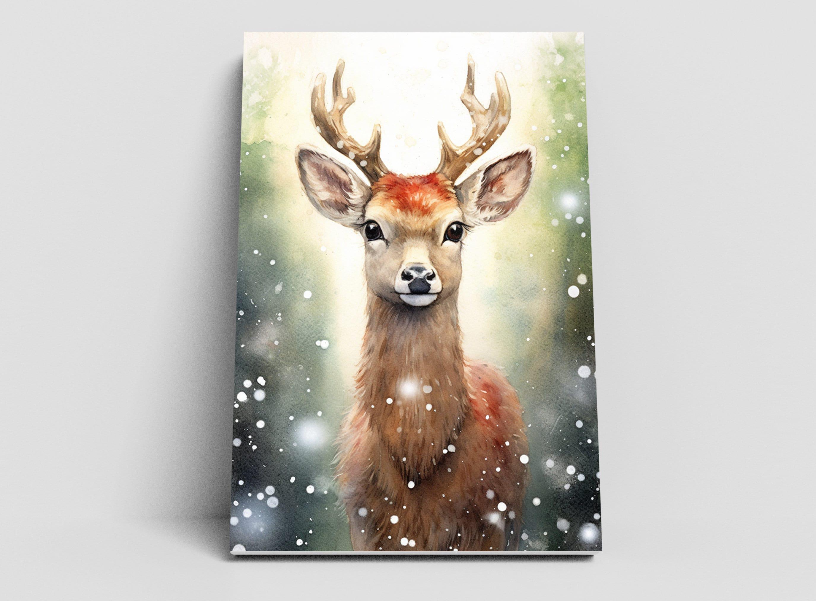 Baby Reindeer Watercolor - Festive Christmas Art, Giclee Print on Canvas, Artist Paper, Watercolor Paper, Available in Extra Large Sizes