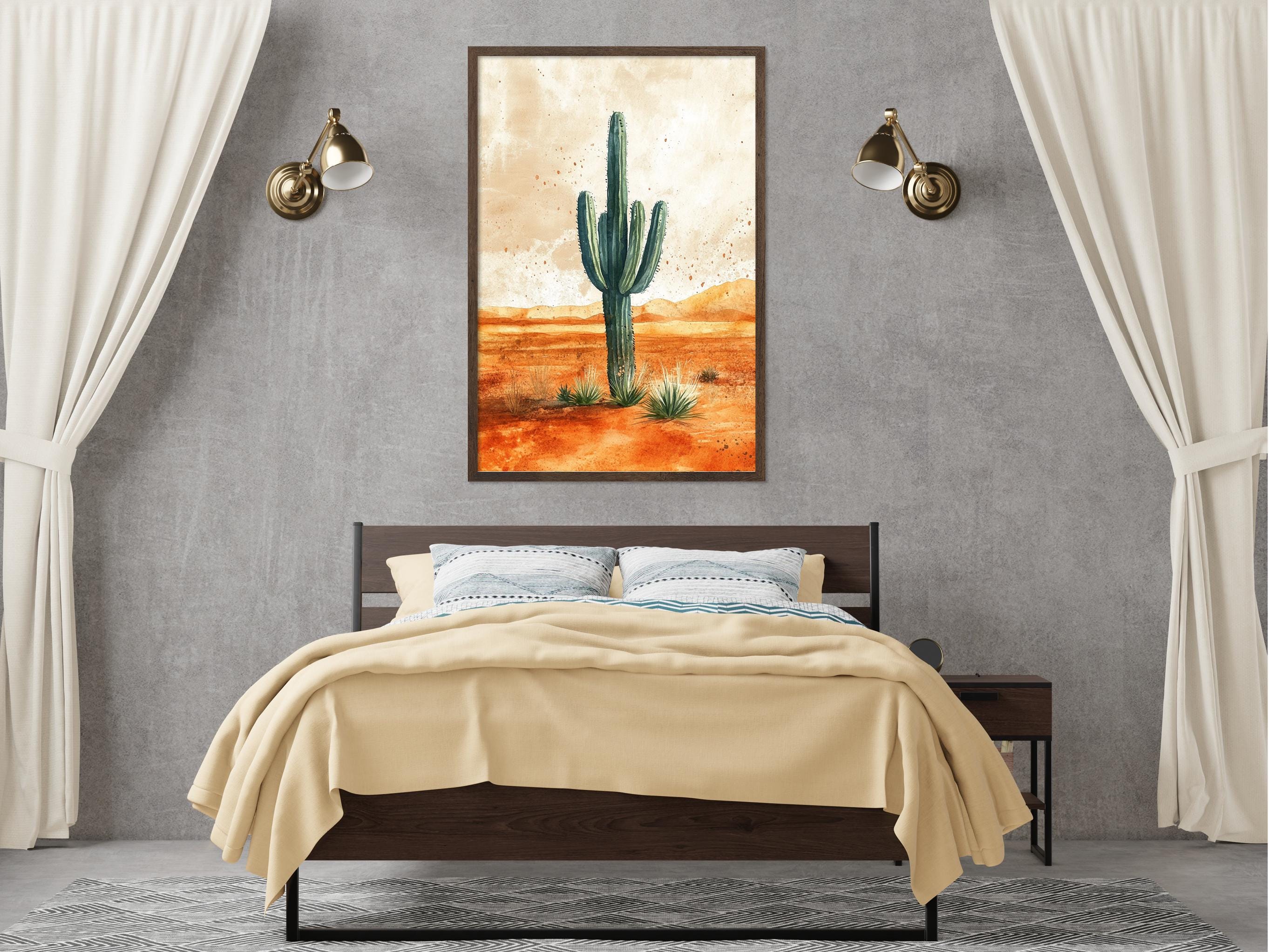 a bedroom with a large framed painting of a desert scene hanging on the wall above a bed with a yellow blanket.