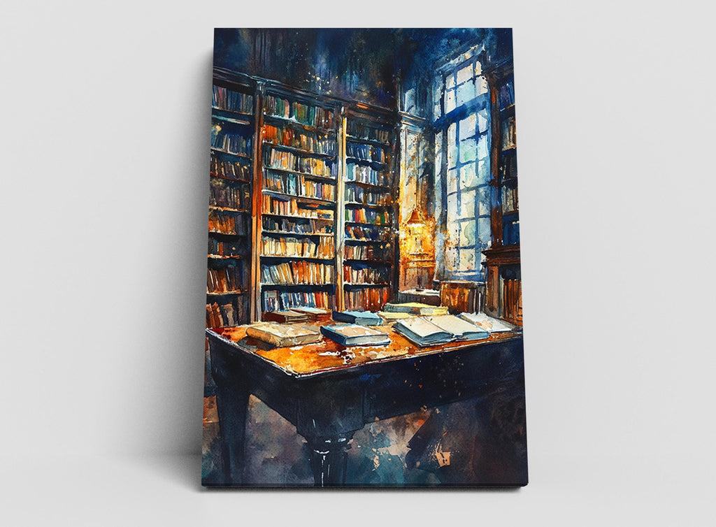 a serene and cozy library scene, with a large bookshelf filled with books and a table in the center of the room. The lighting creates a warm and inviting atmosphere, highlighting the books and the table.