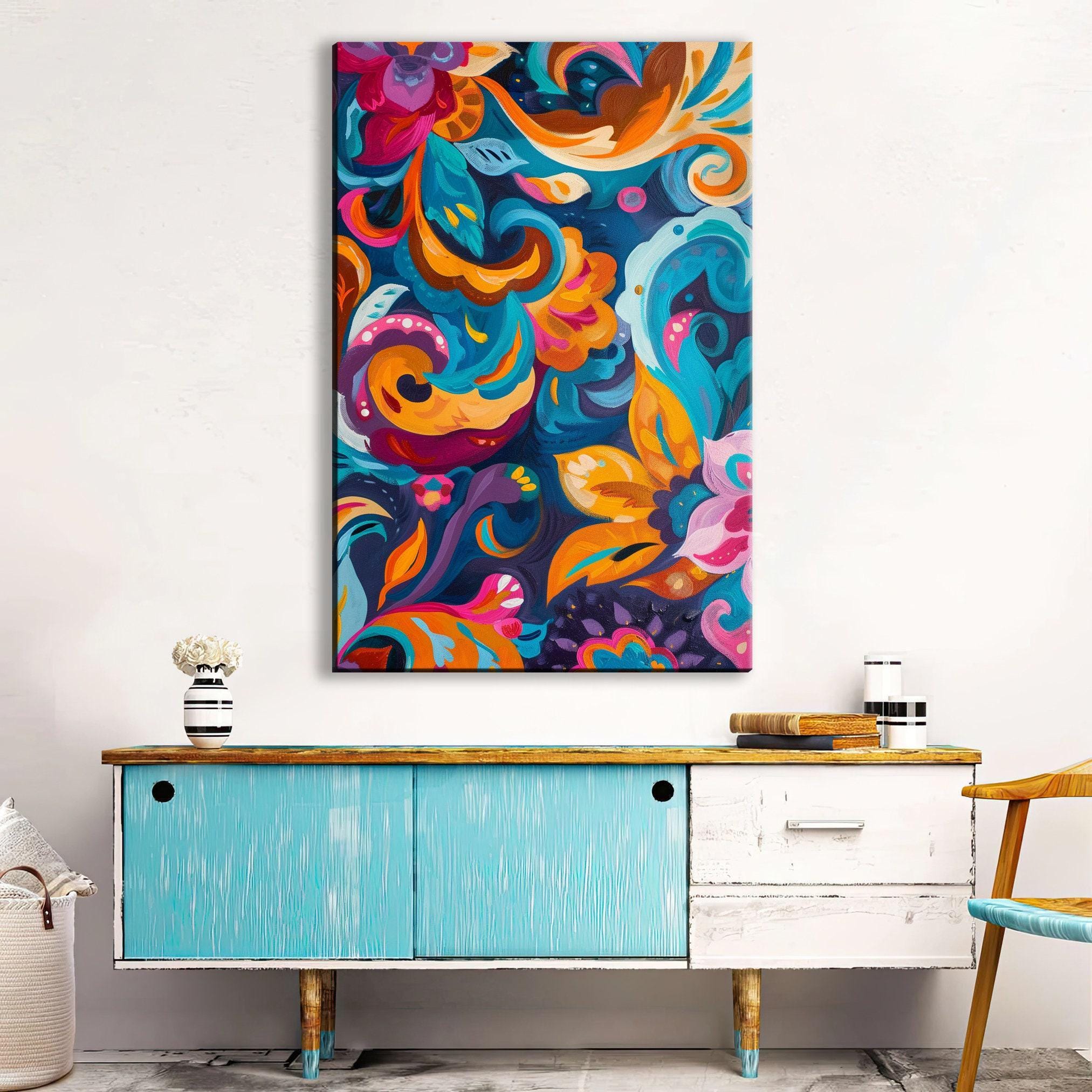 Boho Flower Painting - Colorful Wall Art on Extra Large Gallery Wrapped Canvas
