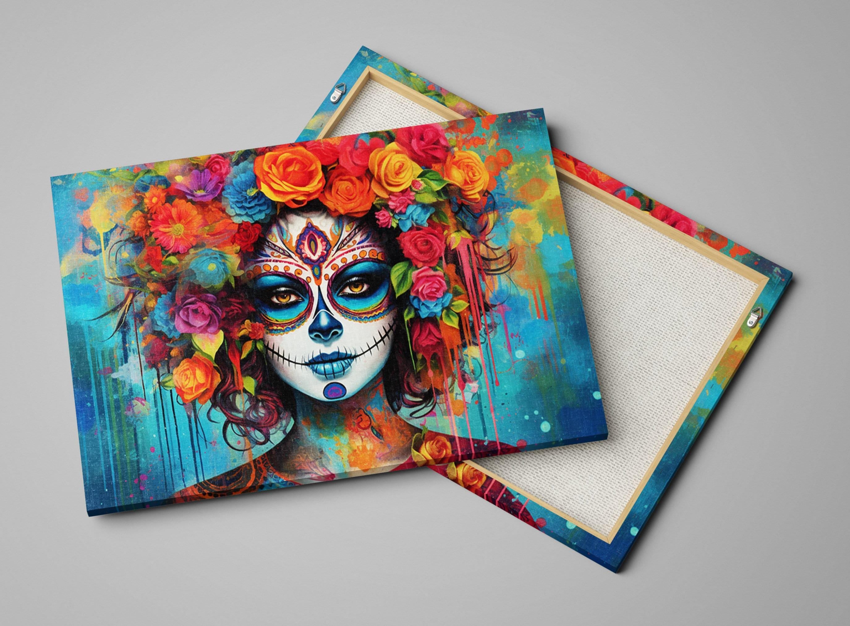 a vibrant and colorful painting of a woman's face with intricate floral and geometric patterns surrounding her.