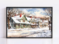 Traditional Christmas Scene Watercolor Art - Snowy Winter, Print on Canvas, Artist Paper, Watercolor Paper, Available in Extra Large Sizes