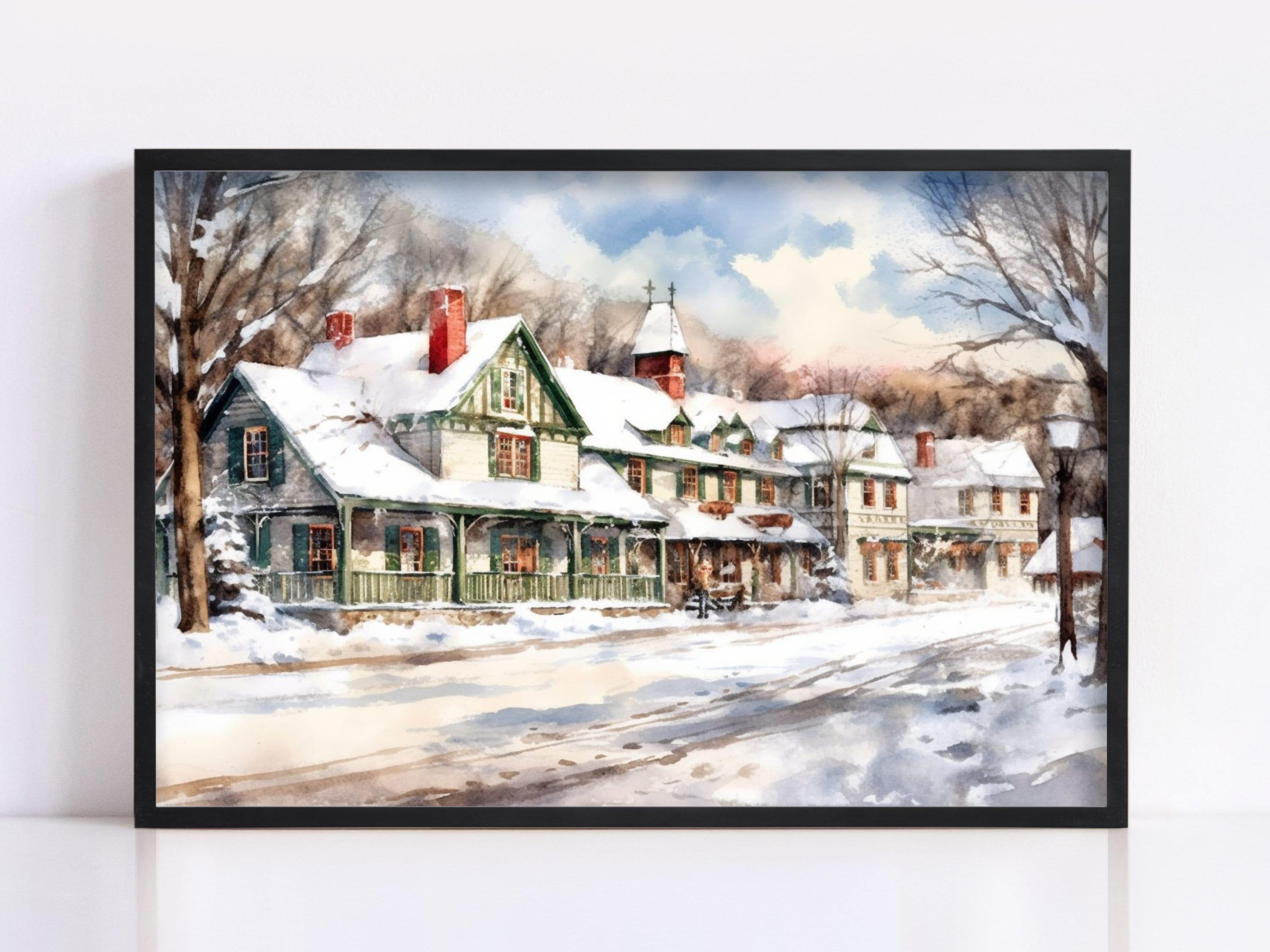 Traditional Christmas Scene Watercolor Art - Snowy Winter, Print on Canvas, Artist Paper, Watercolor Paper, Available in Extra Large Sizes
