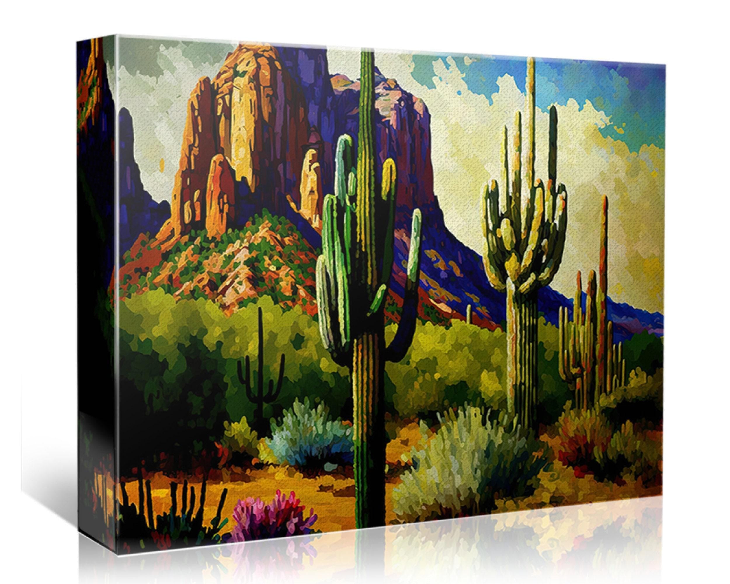 a vibrant desert landscape with towering red rock formations, lush green cacti, and a clear blue sky with fluffy white clouds.