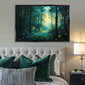 a painting of a forest scene on a wall above a bed