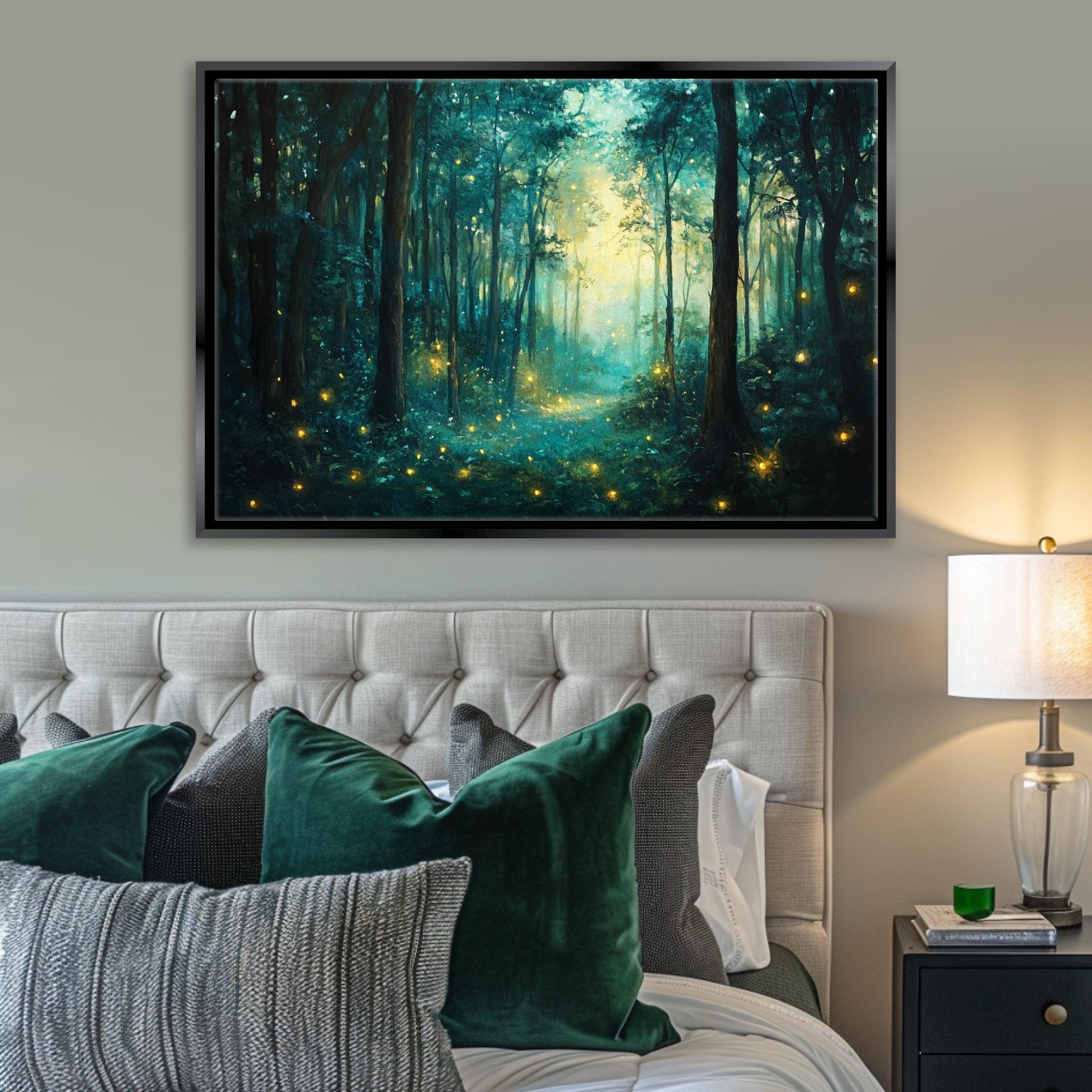 a painting of a forest scene on a wall above a bed