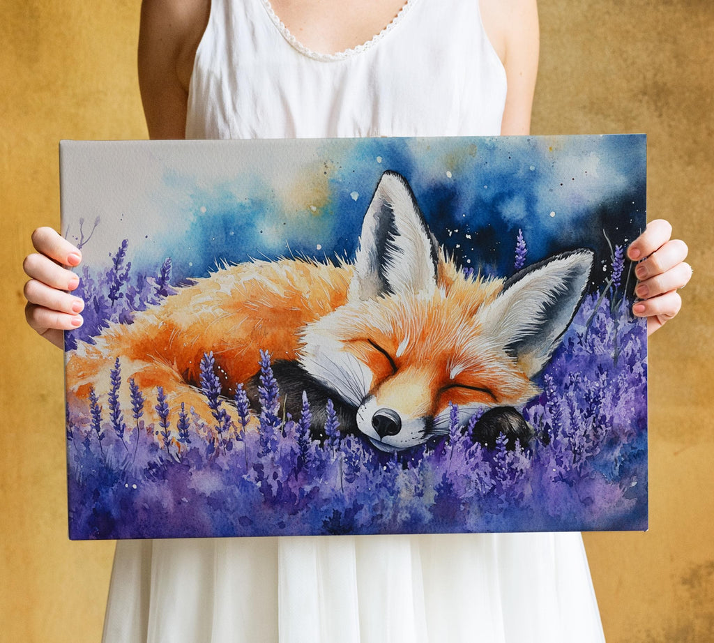 A woman holds a framed painting of a sleeping fox in a field of purple flowers.