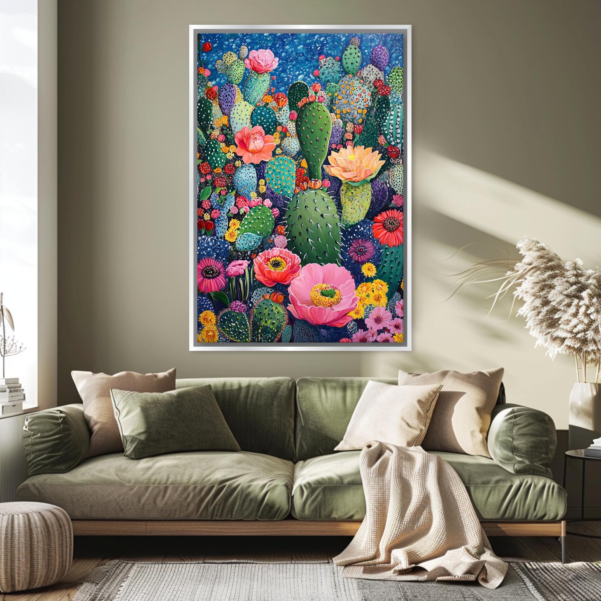 a living room with a couch and a painting on the wall