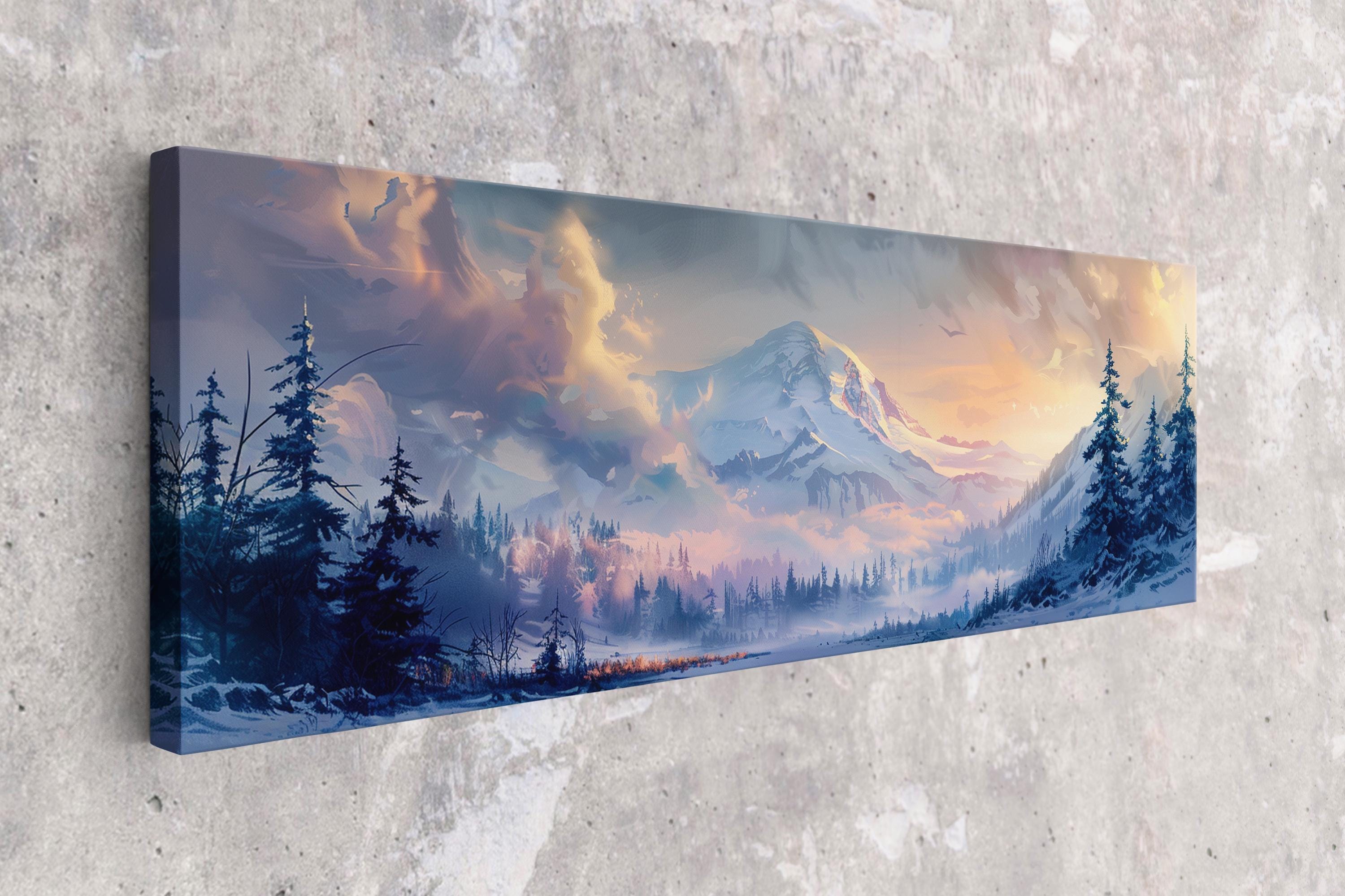 a painting on a wall of a snowy mountain