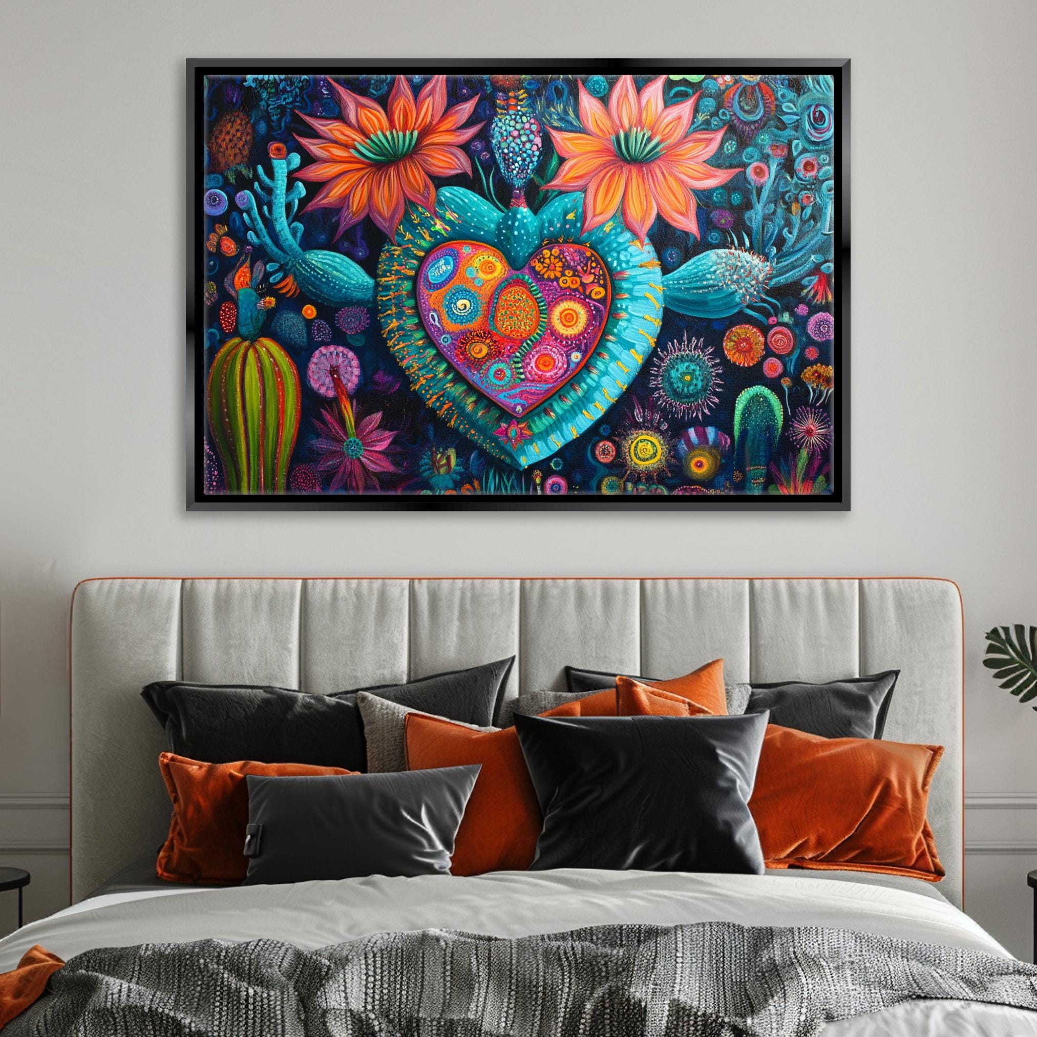 a painting of a heart surrounded by flowers and cacti