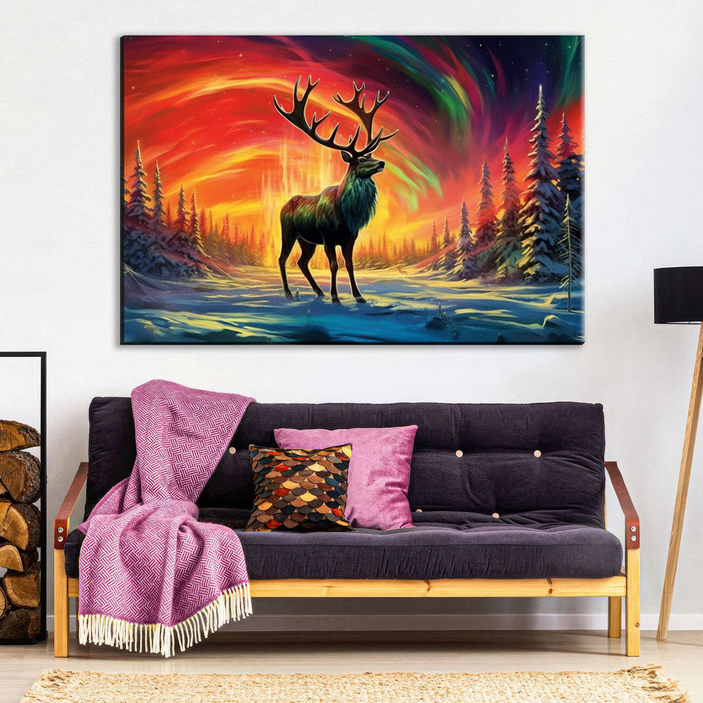 Winter Elk Canvas - Northern Lights Art | Extra Large Gallery Wrapped Print
