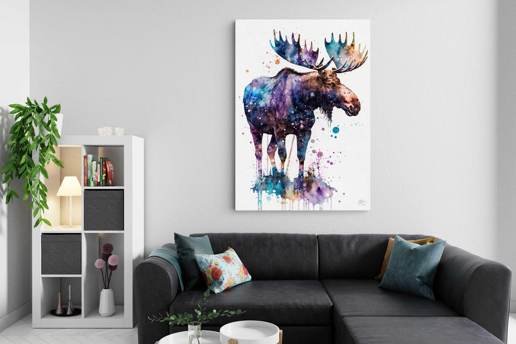 Moose Watercolor Art Print, Nursery Animal Canvas Print, Cute Decor, Framed Kids Wall Art
