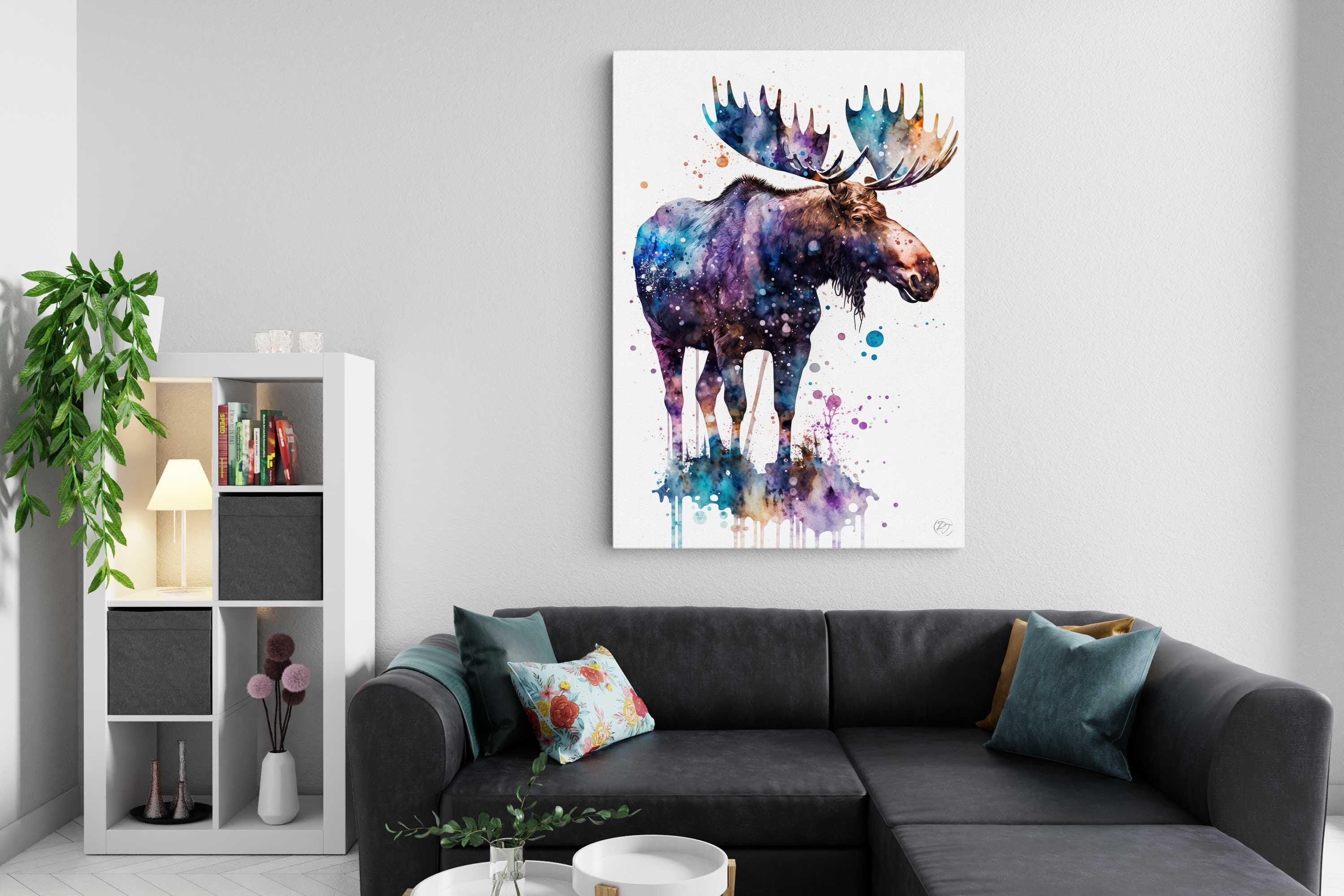 Moose Watercolor Art Print, Nursery Animal Canvas Print, Cute Decor, Framed Kids Wall Art