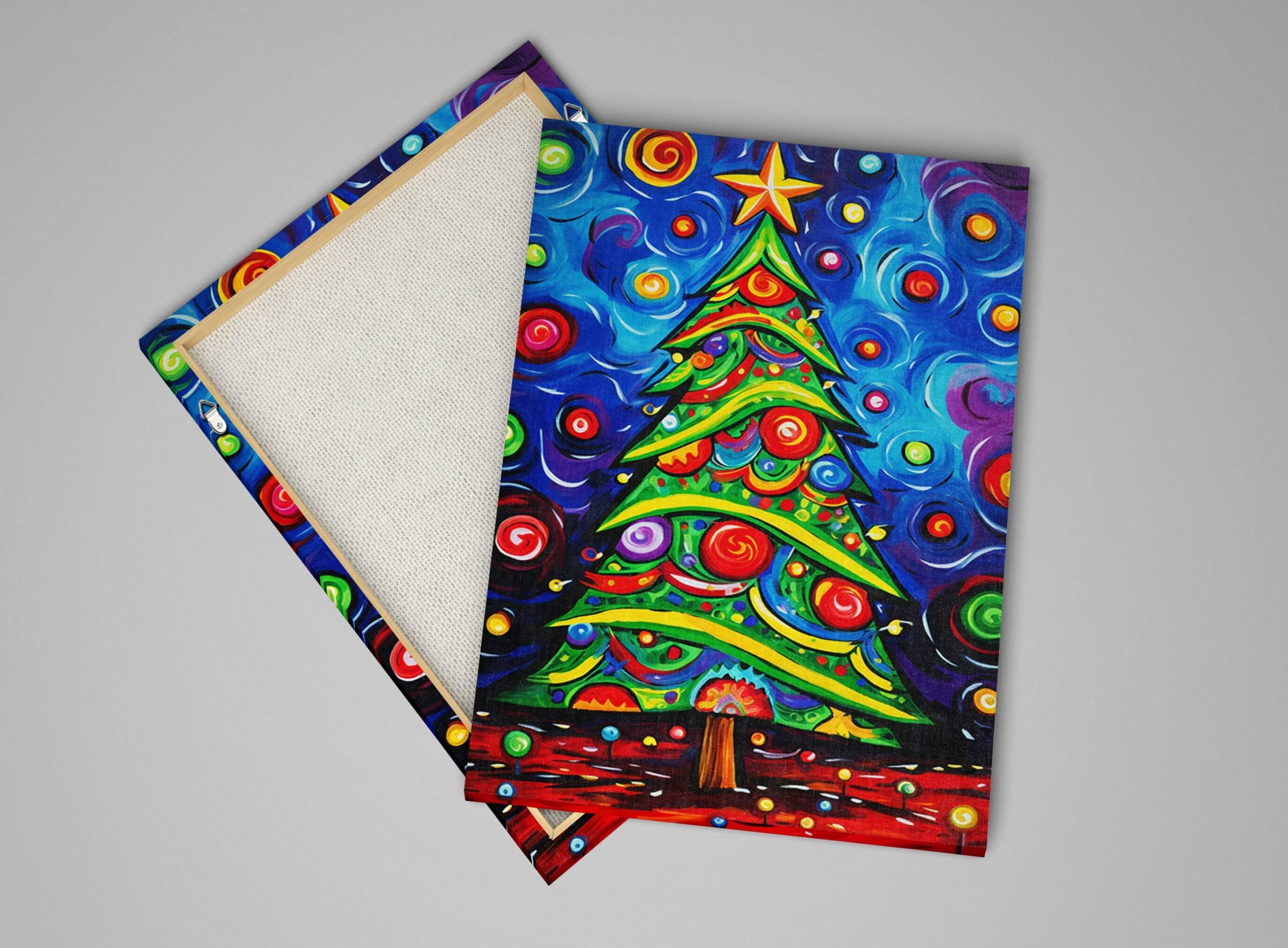 Christmas Tree Wall Art – Colorful Xmas Tree Painting on Gallery Wrapped Canvas, Large Sizes