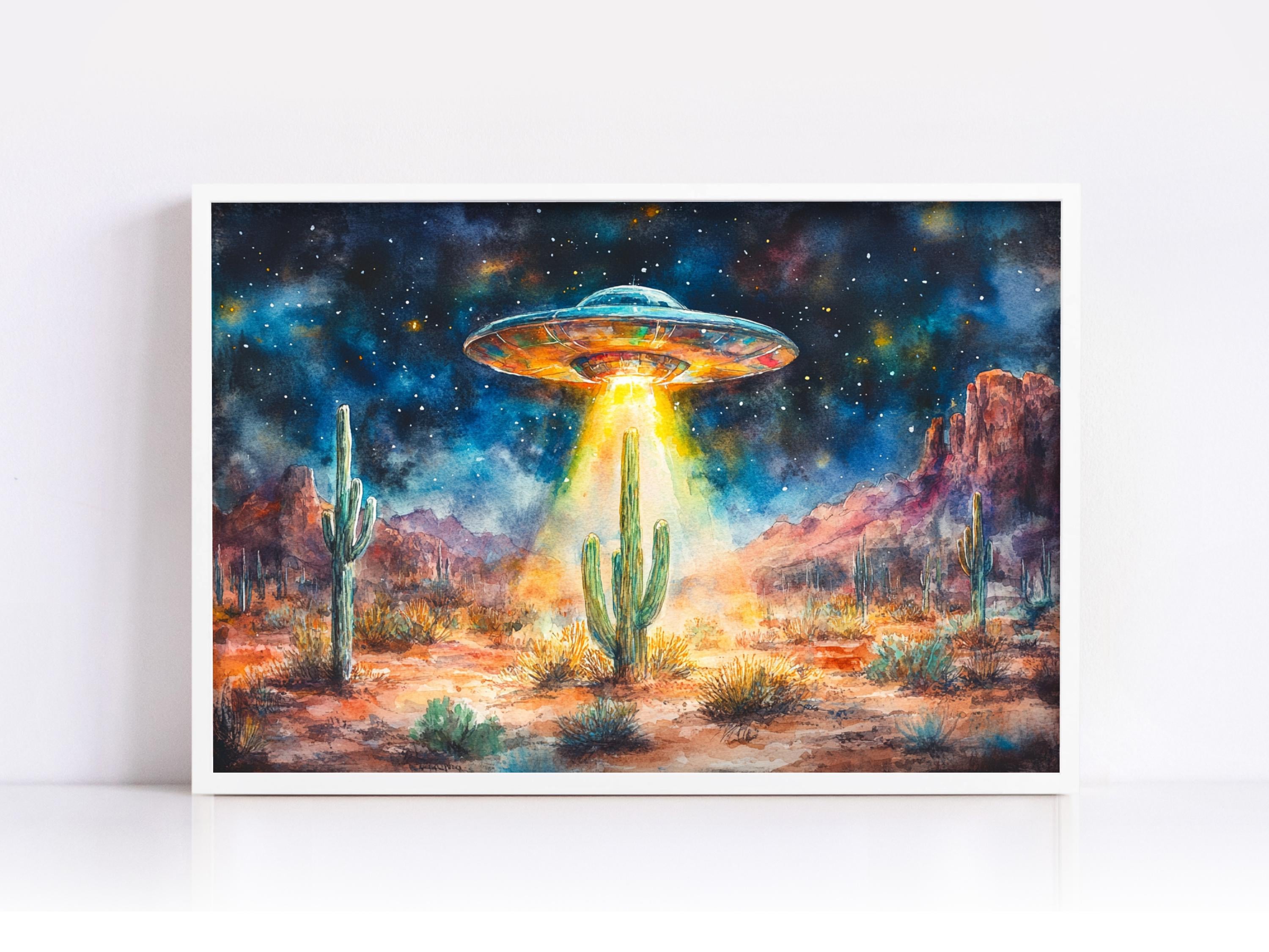A surreal painting depicting an alien spacecraft hovering over a desert landscape with cacti and mountains in the background, under a starry night sky.