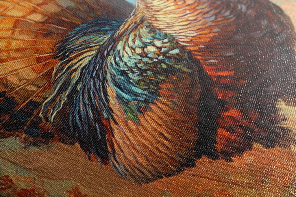 The image is a close-up of a detailed painting of a bird's colorful, intricate feathers.