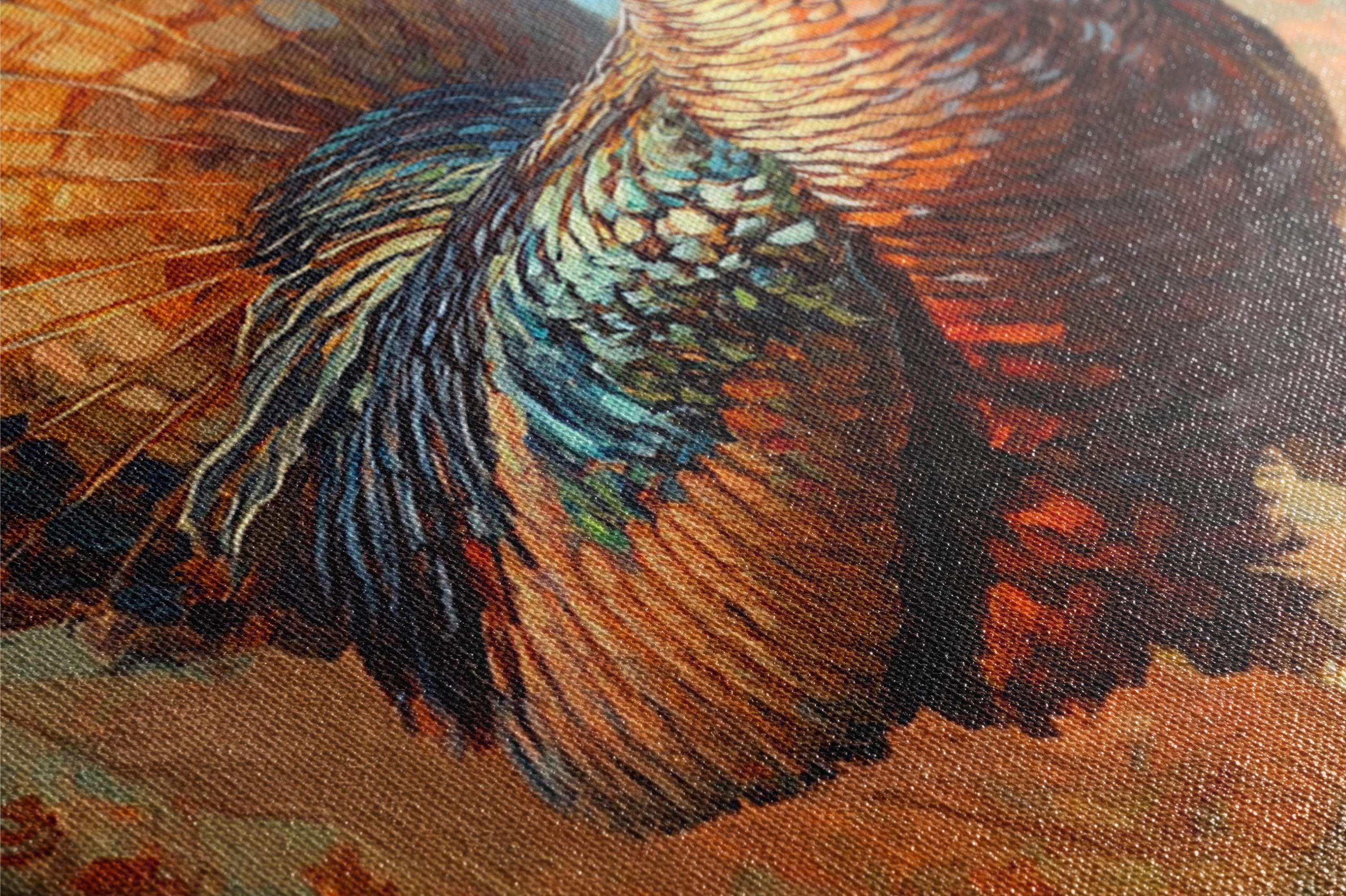 The image is a close-up of a detailed painting of a bird's colorful, intricate feathers.