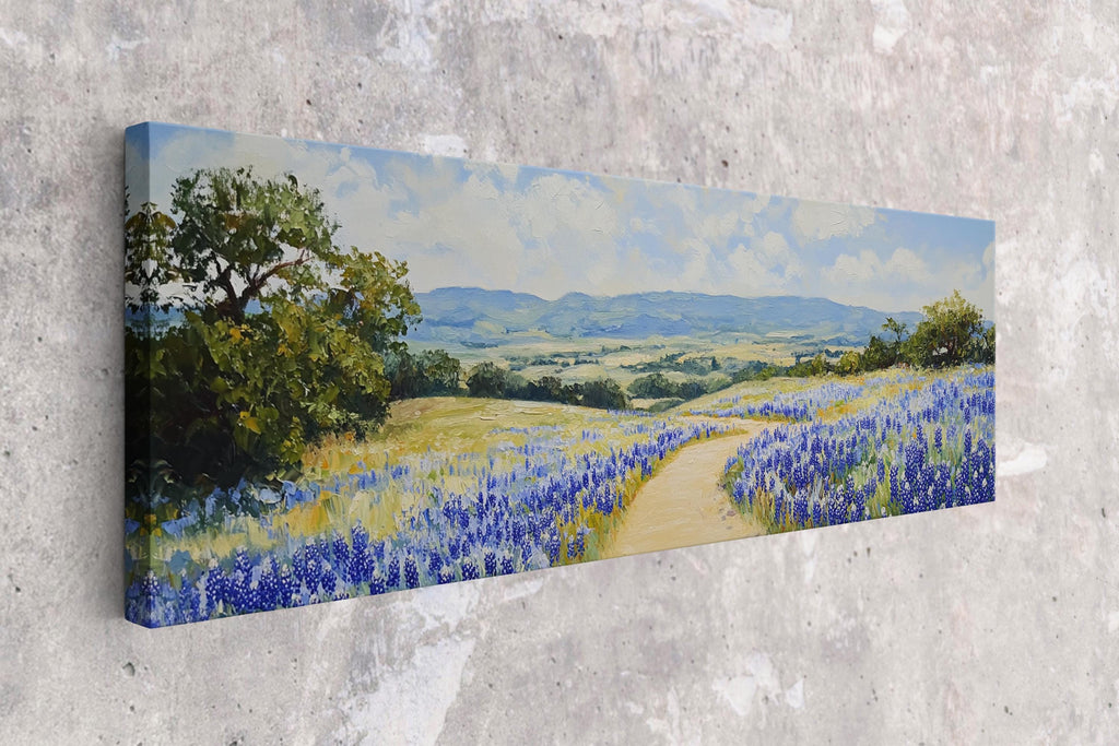 a painting on a wall of a blue flowered field