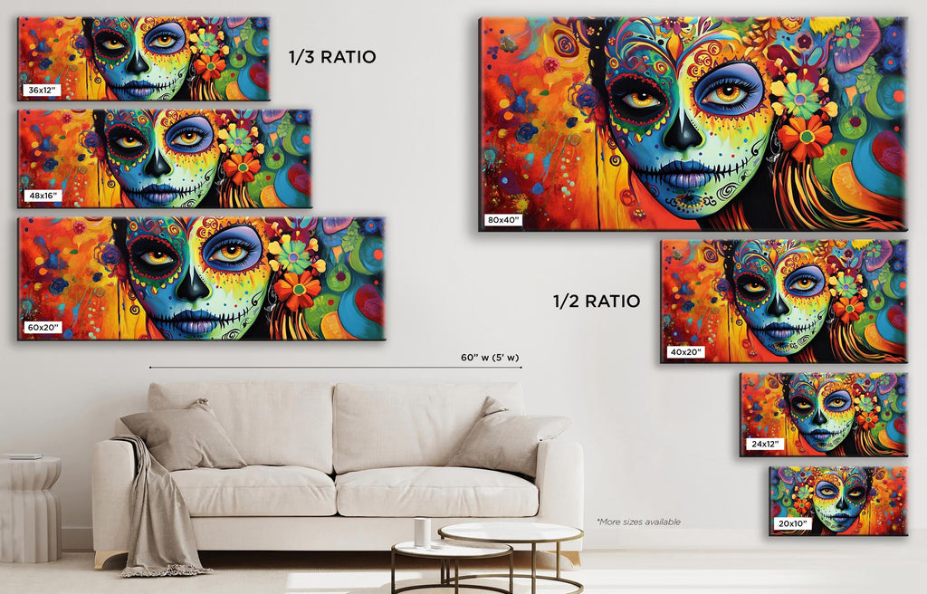 a living room with a white couch and paintings on the wall