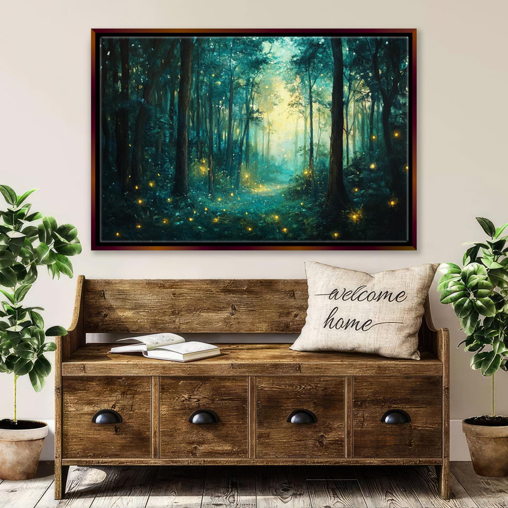a painting on a wall above a wooden bench