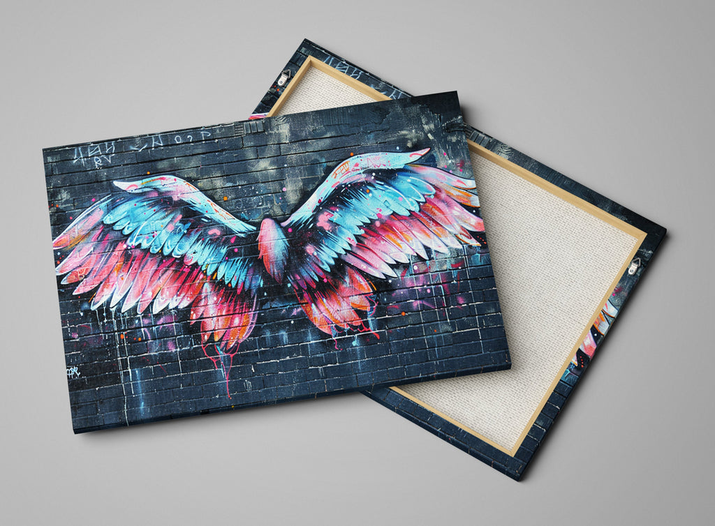 Graffiti Angel Wings Art – Vibrant Urban Street Canvas Wall Art, Ready to Hang